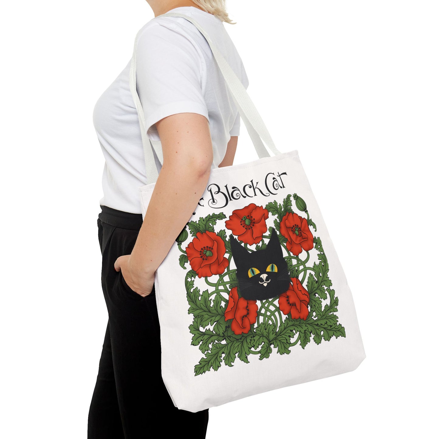 The Black Cat Poppies Tote Bag — Vintage Floral Cat Art Tote