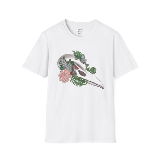 Bohemian Skull Floral T-Shirt, Unisex Softstyle Tee, Casual Wear, Nature Lover Gift, Unique Graphic Tee, Eco-Friendly Shirt