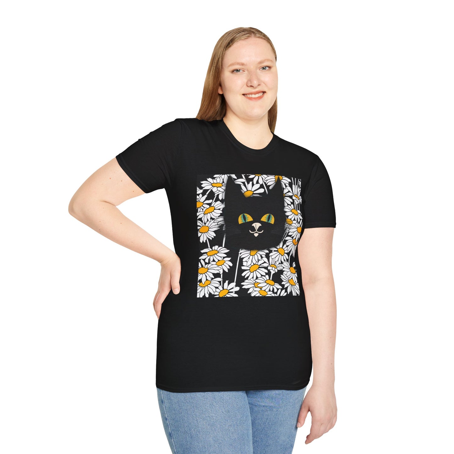 Black Cat Daisy T‑Shirt — Cute Floral Cat Graphic Tee