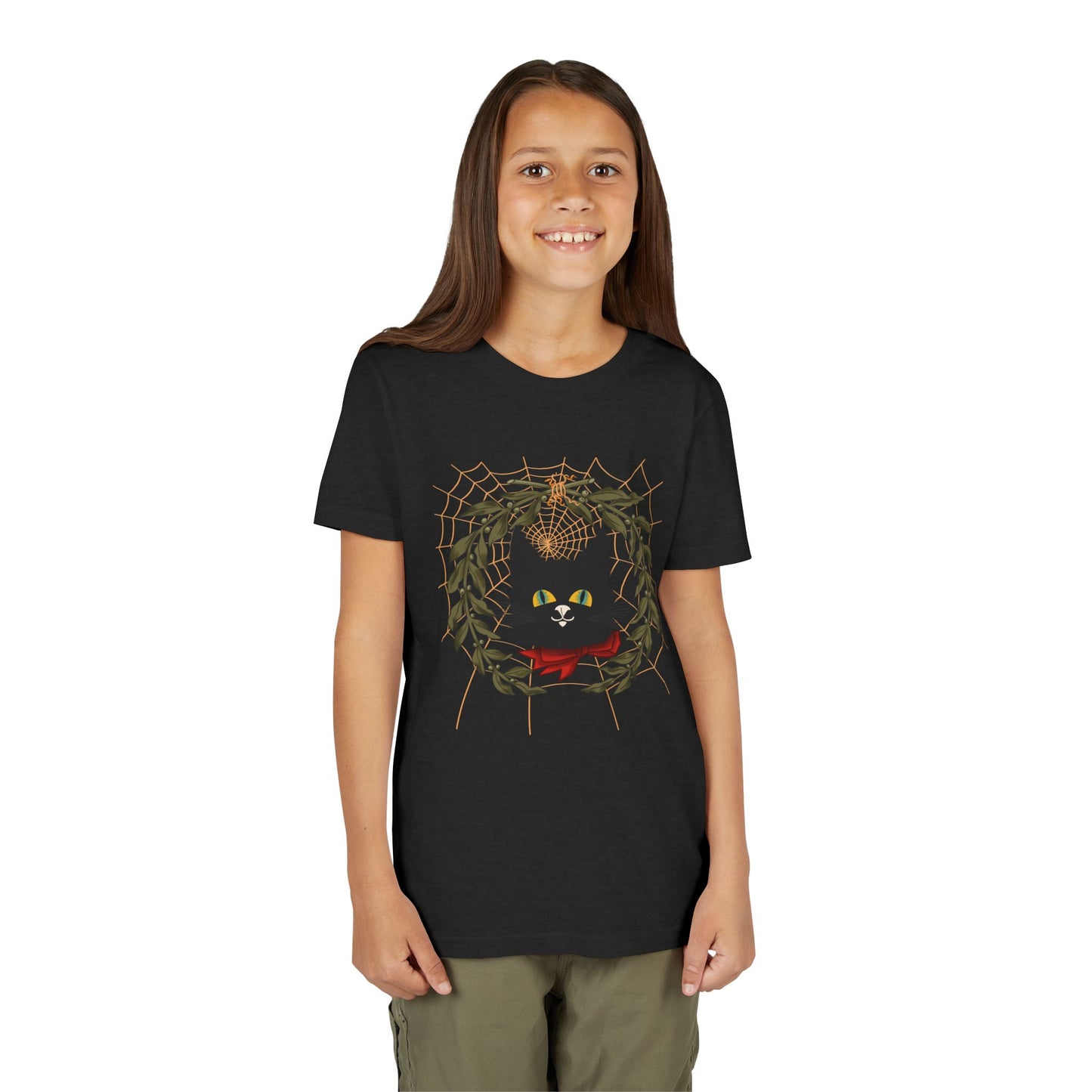 Youth Tee — Black Cat Wreath Holiday Shirt