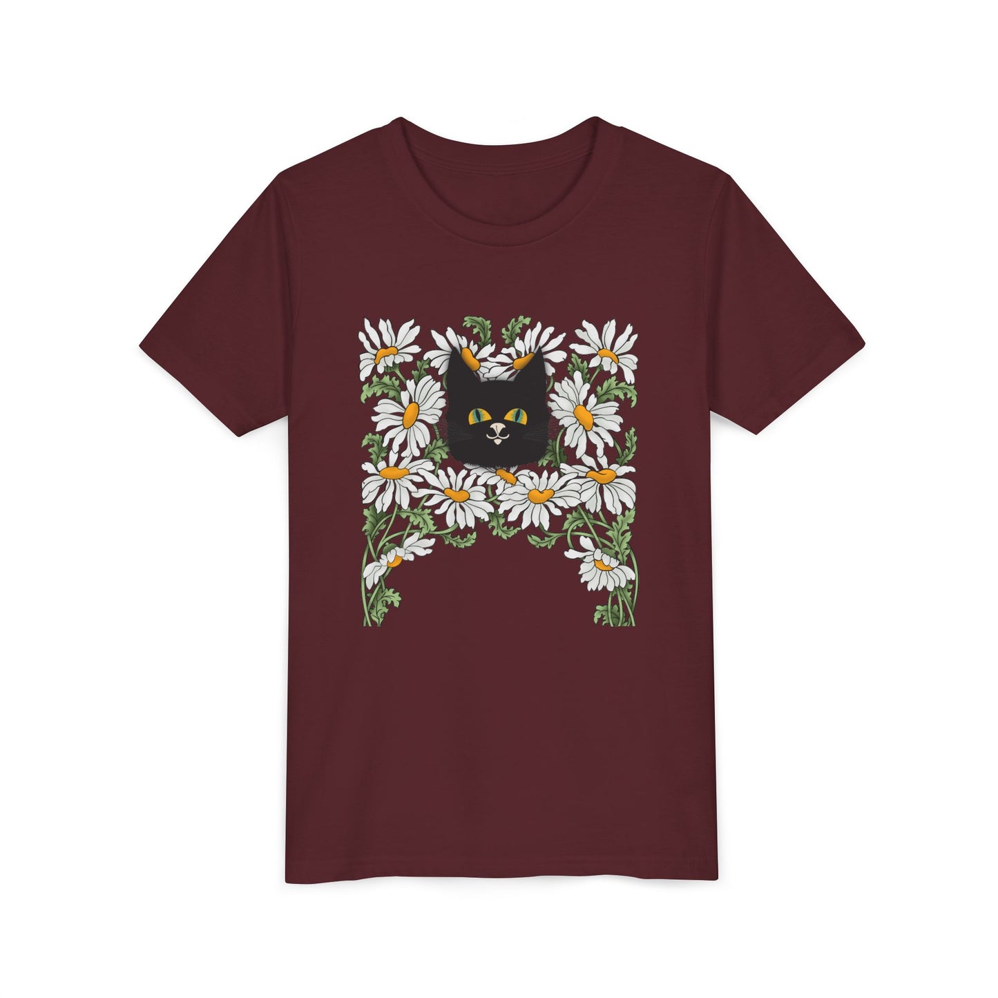 Daisies floral Youth Tee — Black Cat in Daisy Wreath Graphic