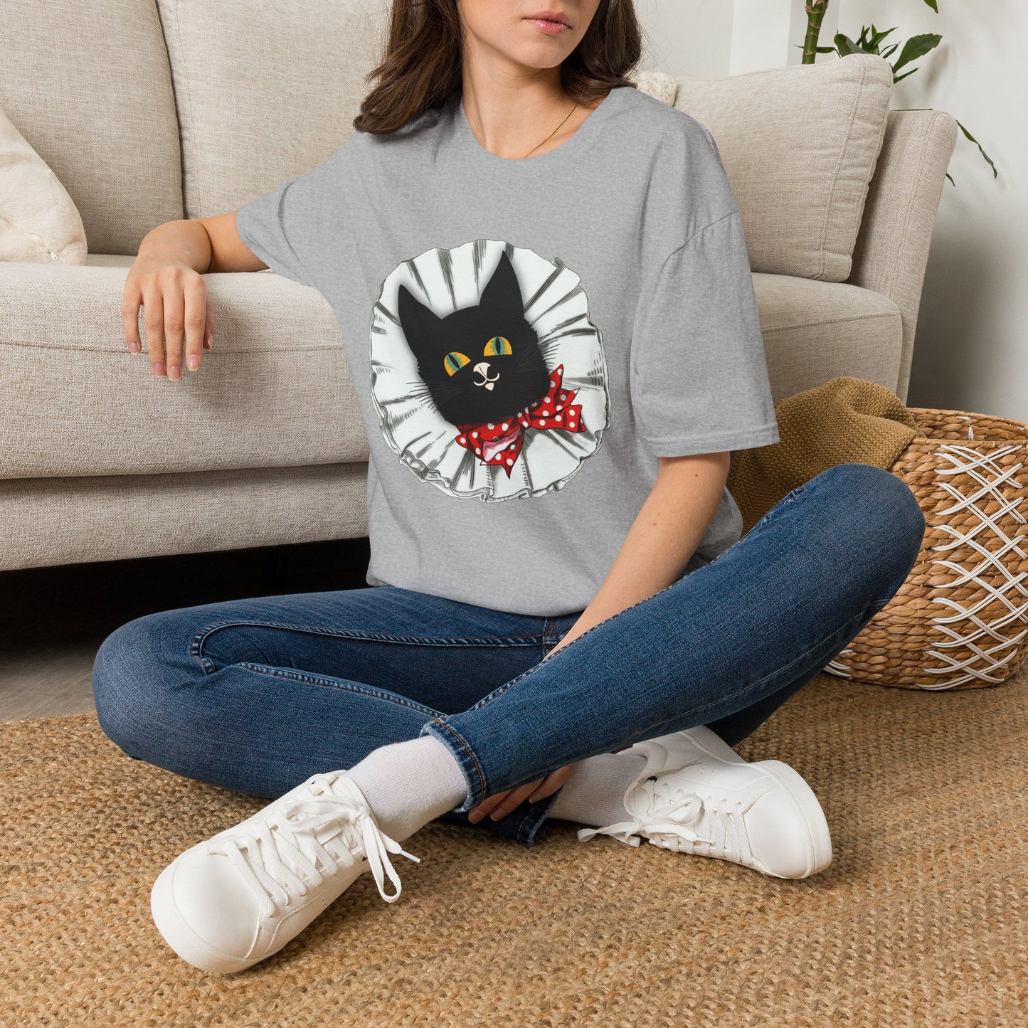 Black Cat Clown Portrait T‑Shirt — Cute Cat Face with Red Bow Graphic Tee