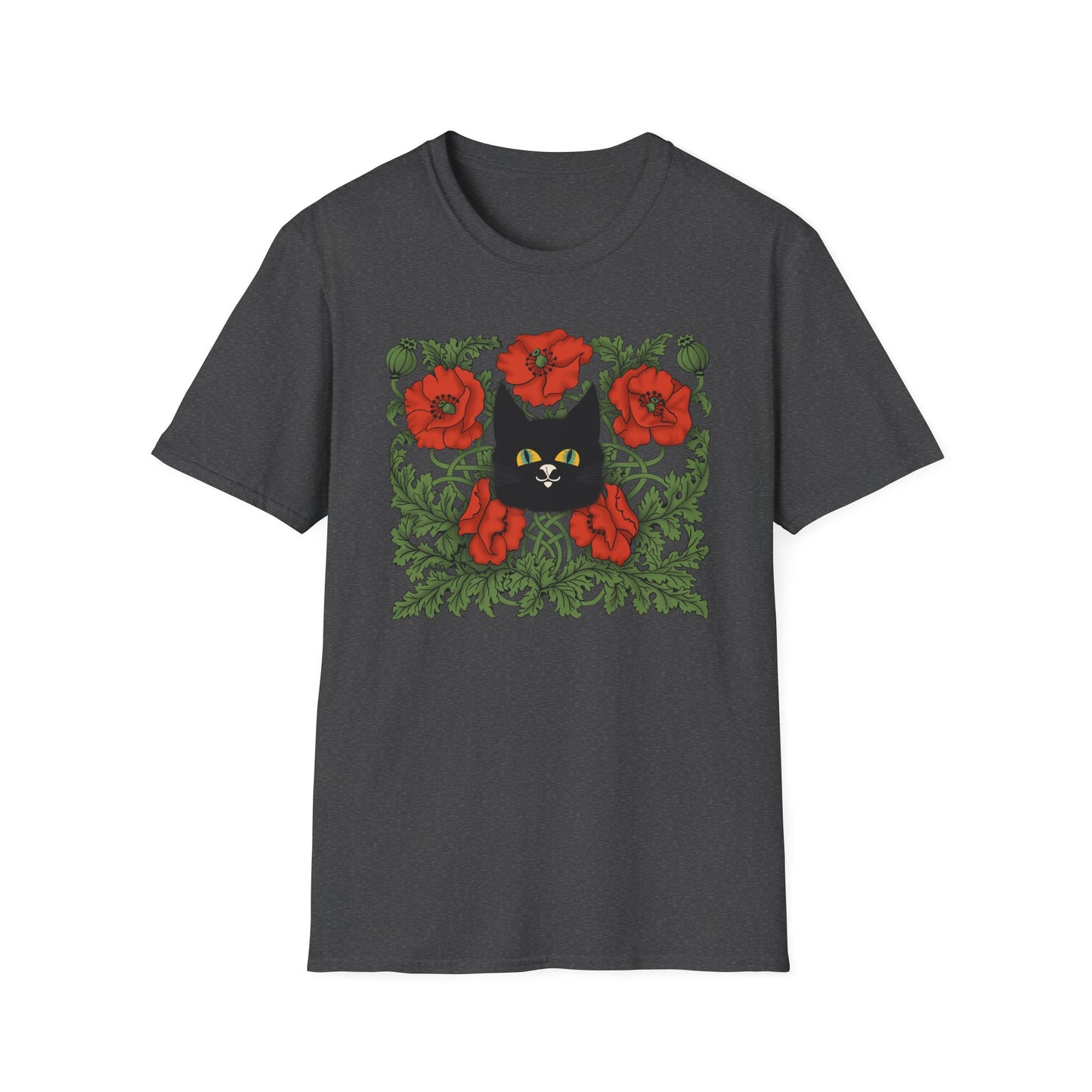 Black Cat & Red Poppies T-Shirt