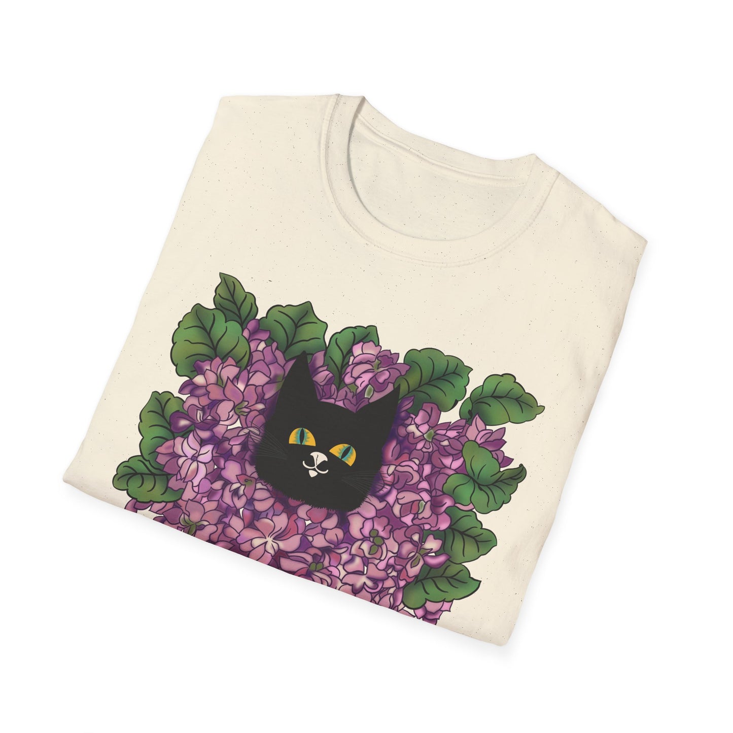 Lilac Cat T-Shirt — Black Cat Nestled in Lilac Flowers