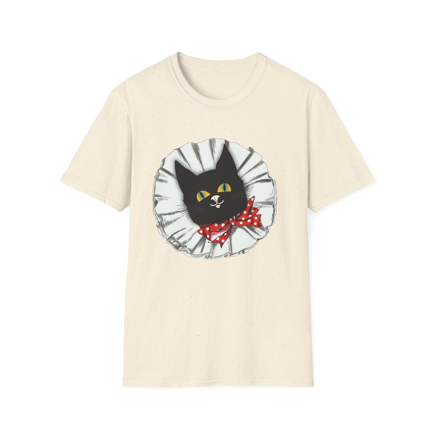 Black Cat Clown Portrait T‑Shirt — Cute Cat Face with Red Bow Graphic Tee