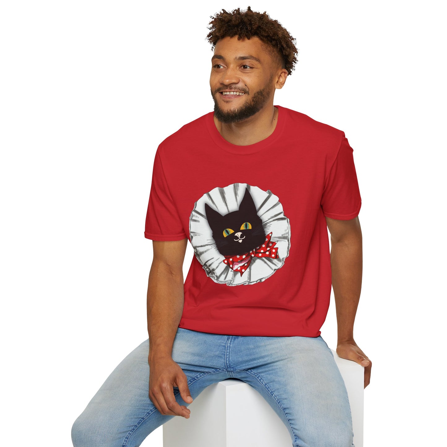 Black Cat Clown Portrait T‑Shirt — Cute Cat Face with Red Bow Graphic Tee