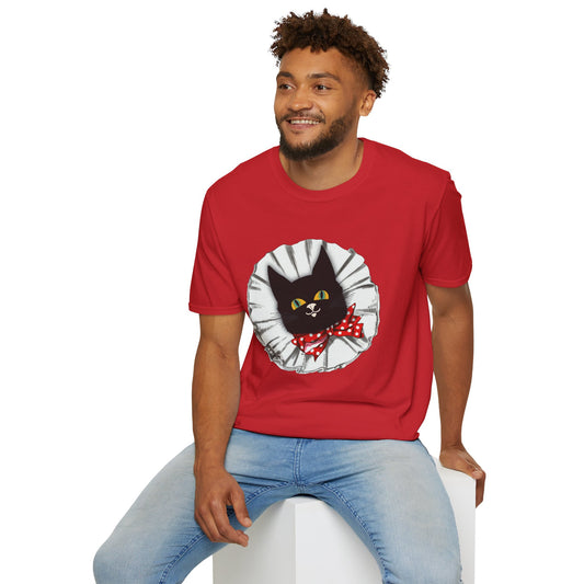 Black Cat Clown Portrait T‑Shirt — Cute Cat Face with Red Bow Graphic Tee