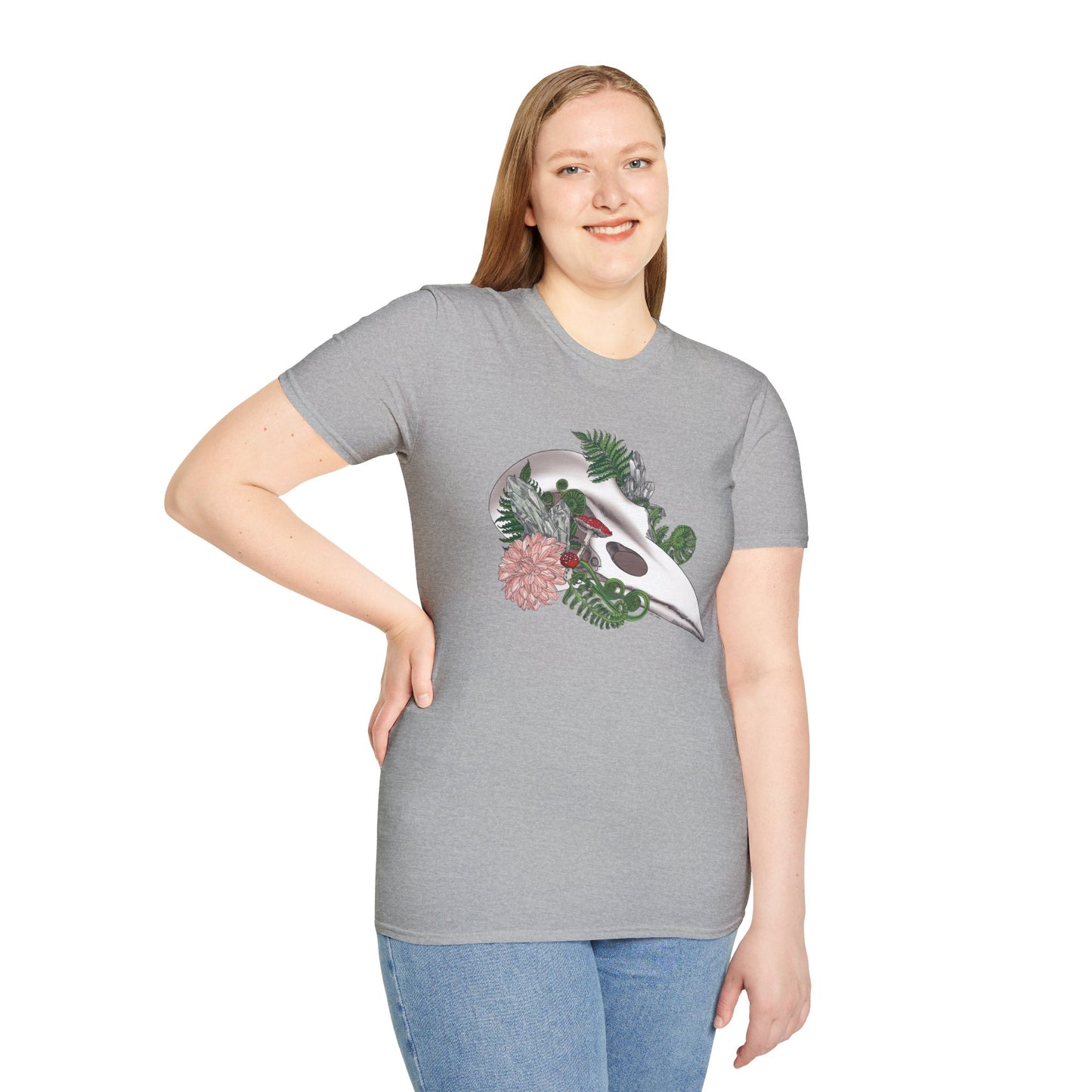 Bohemian Skull Floral T-Shirt, Unisex Softstyle Tee, Casual Wear, Nature Lover Gift, Unique Graphic Tee, Eco-Friendly Shirt