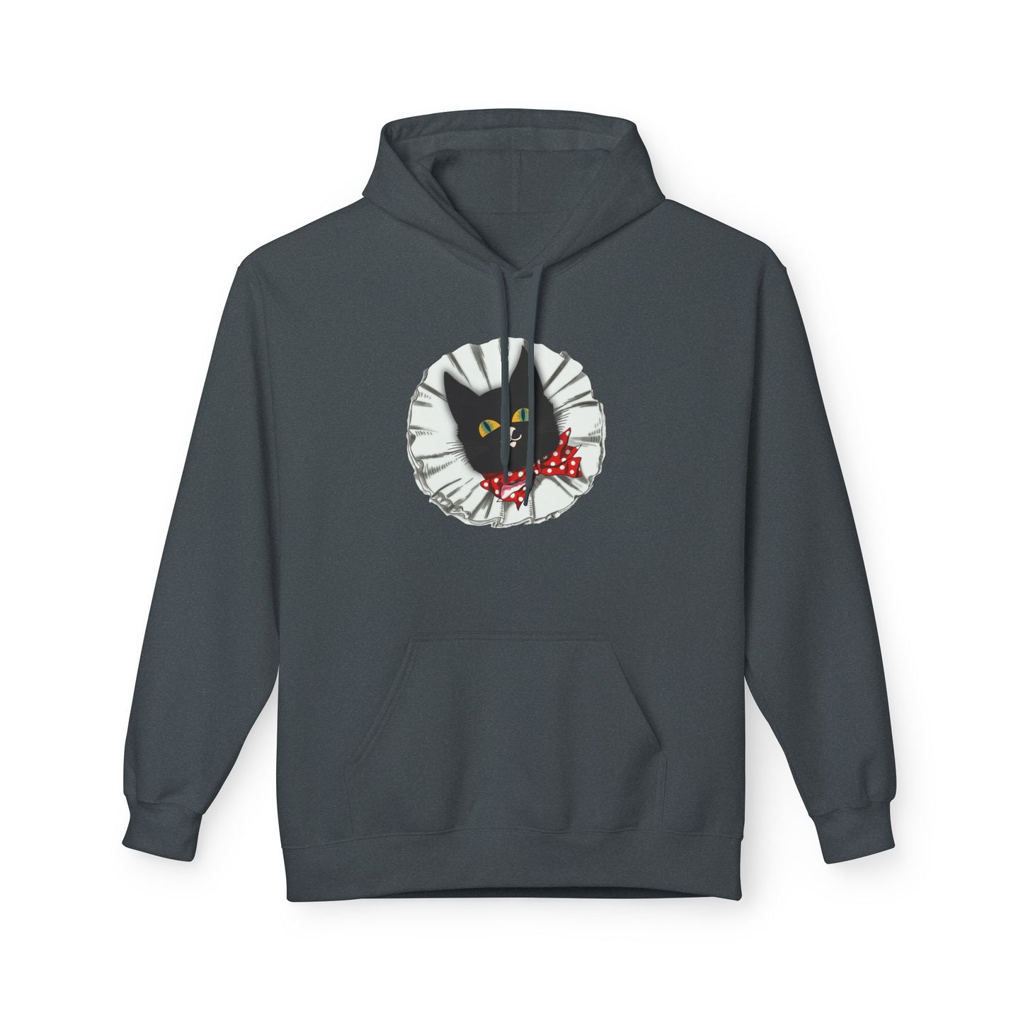 Black Cat Clown Hoodie — Cute Black Cat with Red Bow Music Lover Pullover