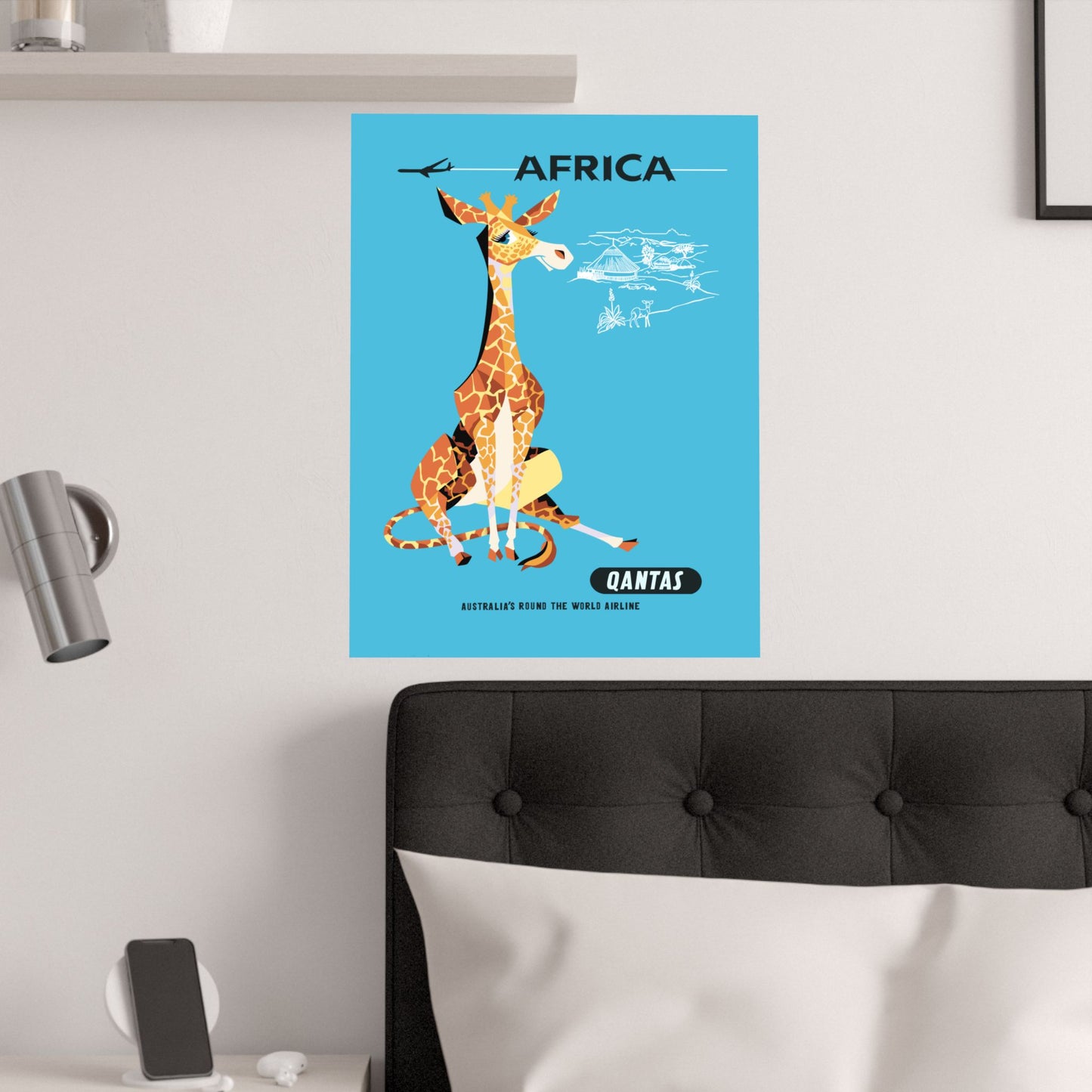 Vintage African Safari Qantas Australia Air Satin Poster