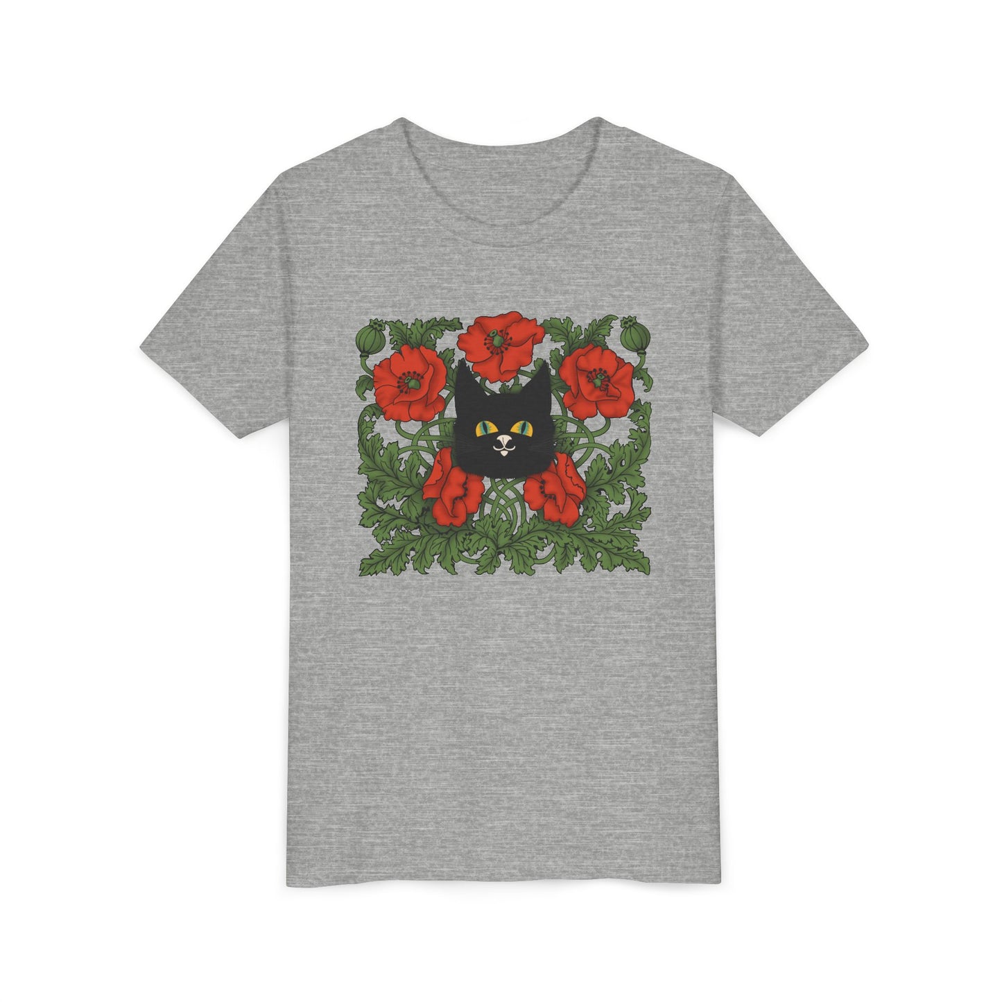 Black Cat Poppies Floral Youth Tee — Black Cat with Red Poppies Kids Shirt