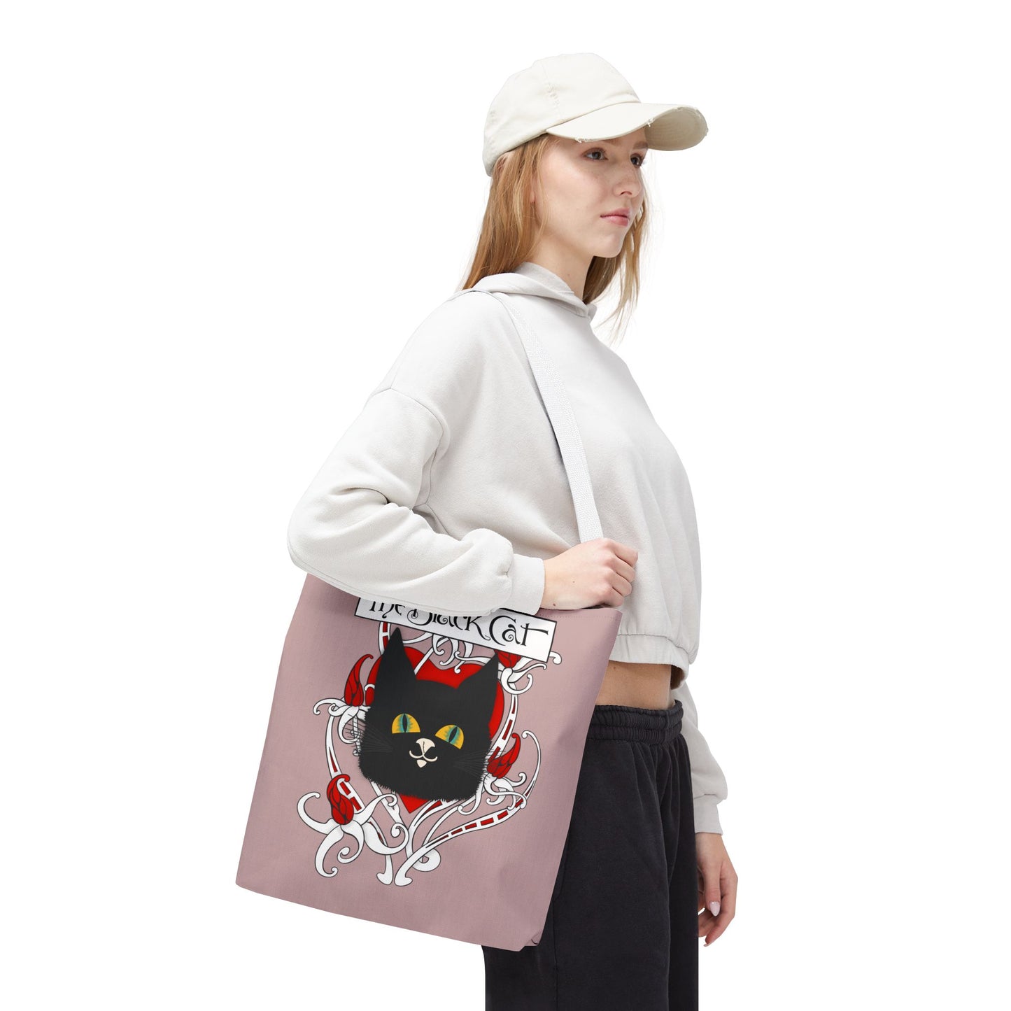 Black Cat Heart Tote Bag — 'The Black Cat' Gothic Vintage Cat Illustration Beach & Market Bag