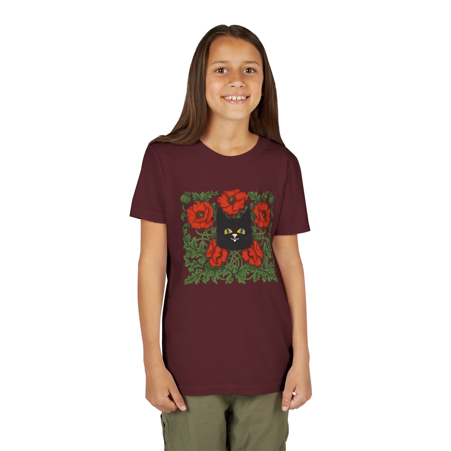 Black Cat Poppies Floral Youth Tee — Black Cat with Red Poppies Kids Shirt