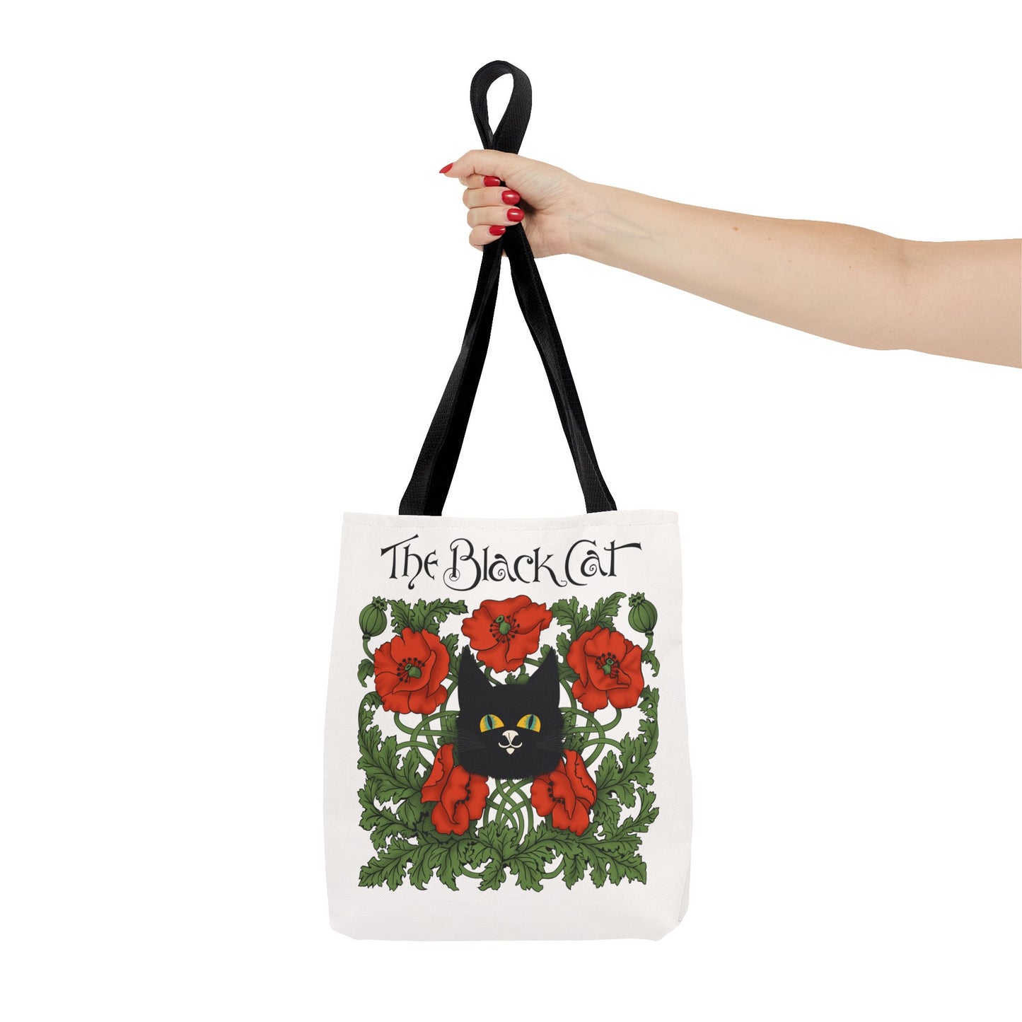 The Black Cat Poppies Tote Bag — Vintage Floral Cat Art Tote