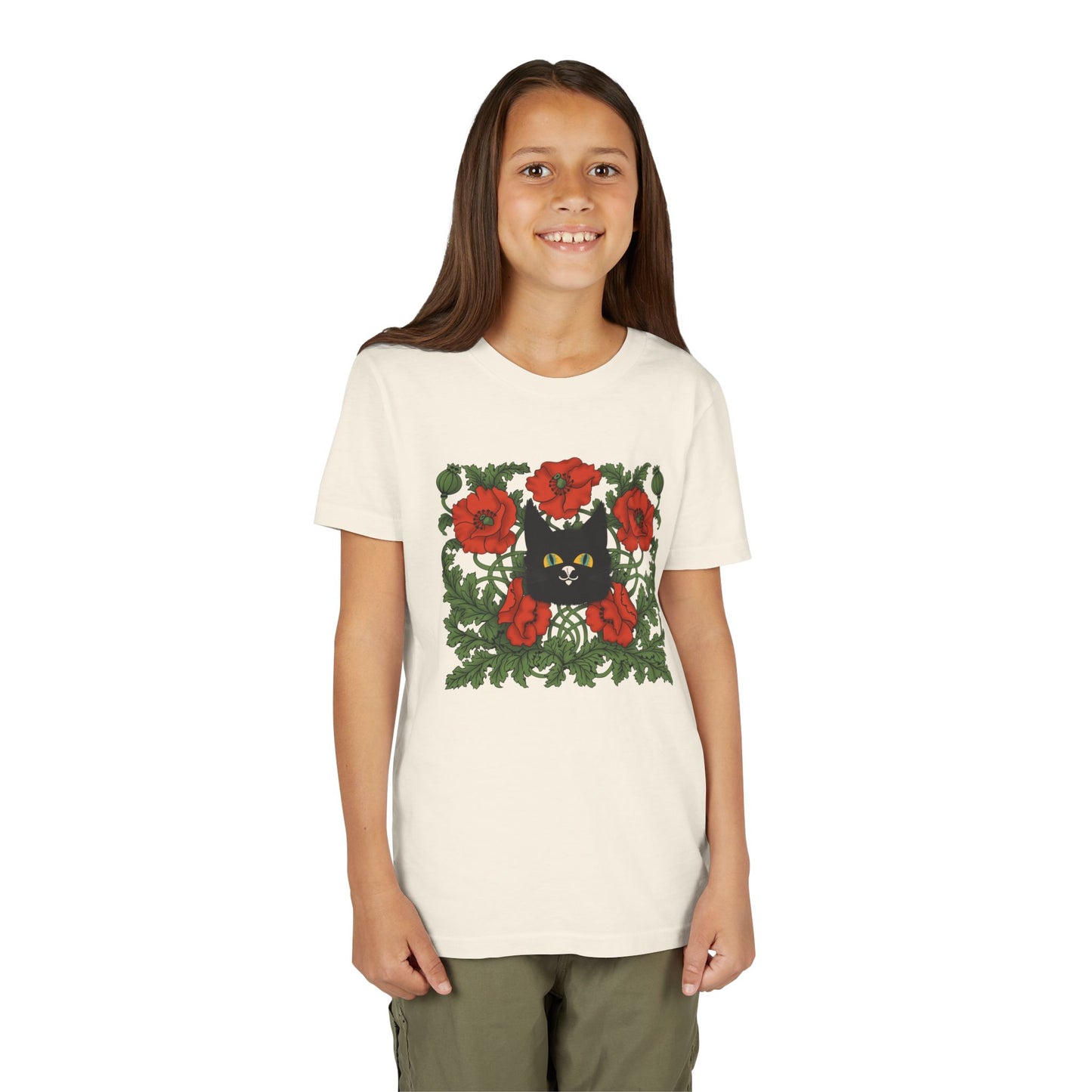 Black Cat Poppies Floral Youth Tee — Black Cat with Red Poppies Kids Shirt