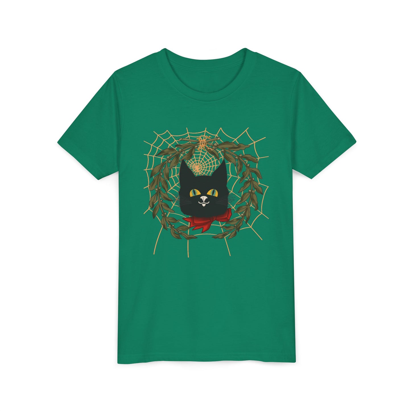 Youth Tee — Black Cat Wreath Holiday Shirt