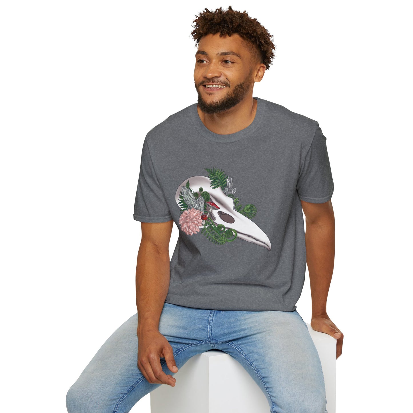 Bohemian Skull Floral T-Shirt, Unisex Softstyle Tee, Casual Wear, Nature Lover Gift, Unique Graphic Tee, Eco-Friendly Shirt