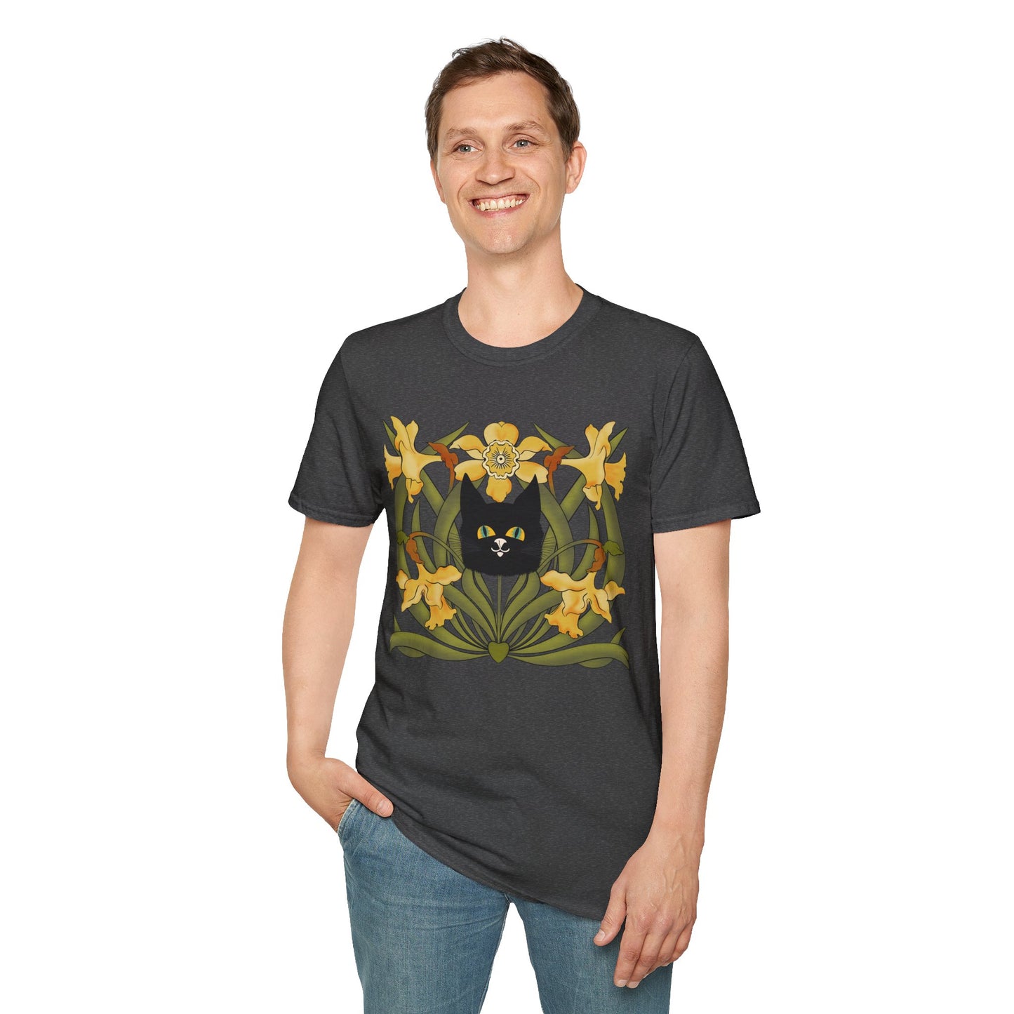 Daffodil Black Cat T‑Shirt — Retro Floral Cat Tee