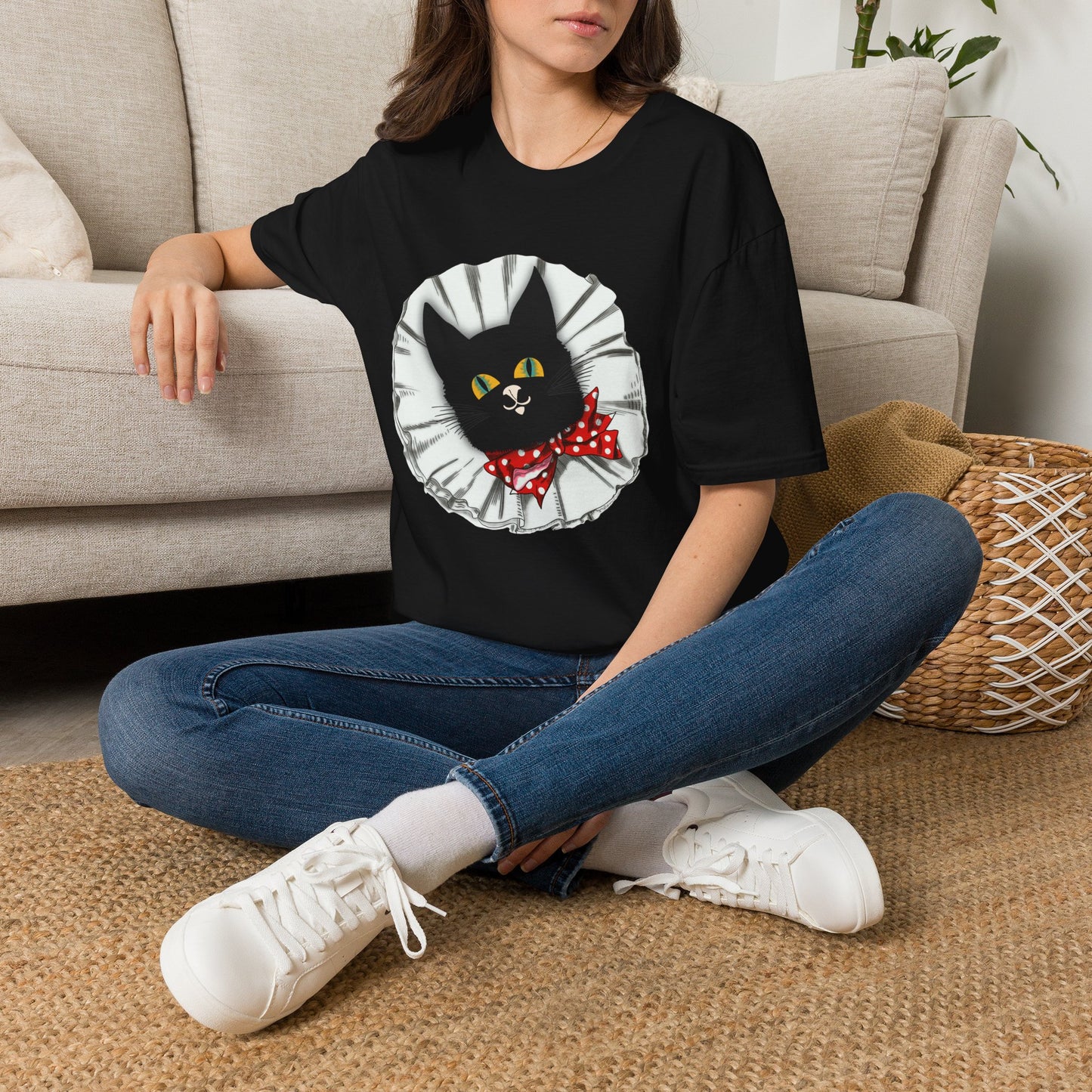 Black Cat Clown Portrait T‑Shirt — Cute Cat Face with Red Bow Graphic Tee