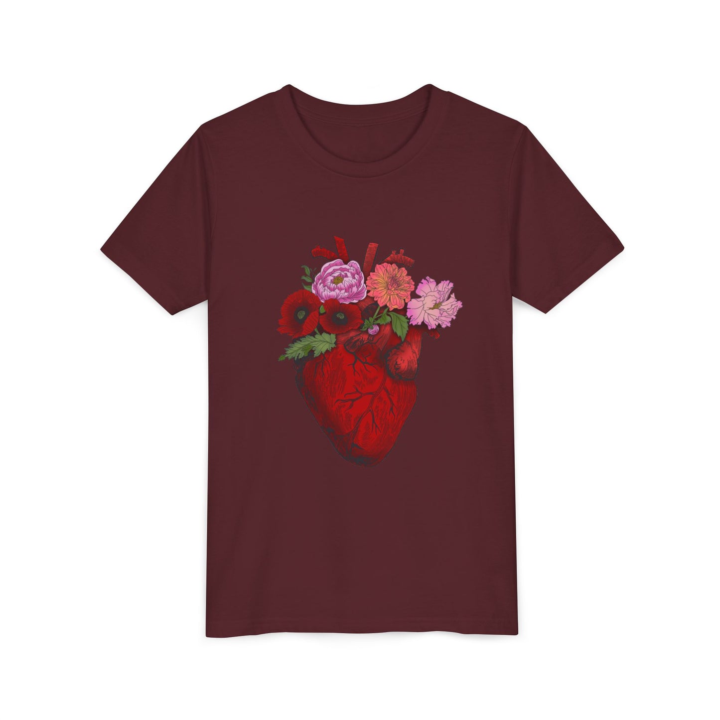 Floral Heart Youth Tee — Floral Anatomical Heart Graphic Kids T-Shirt