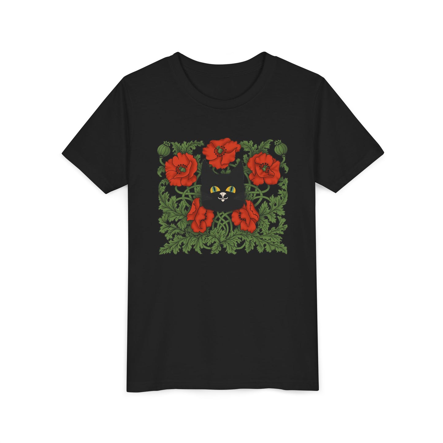 Black Cat Poppies Floral Youth Tee — Black Cat with Red Poppies Kids Shirt