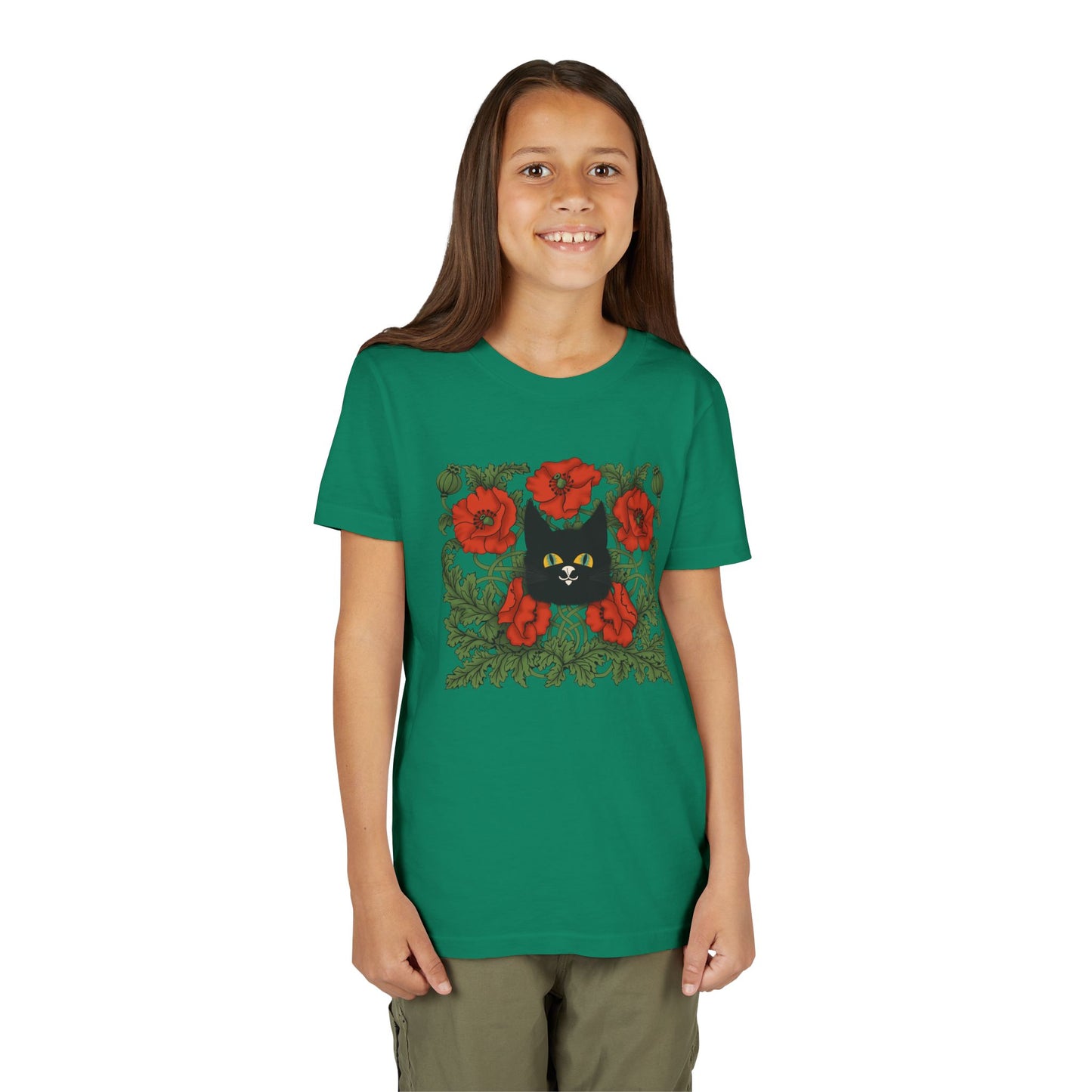 Black Cat Poppies Floral Youth Tee — Black Cat with Red Poppies Kids Shirt