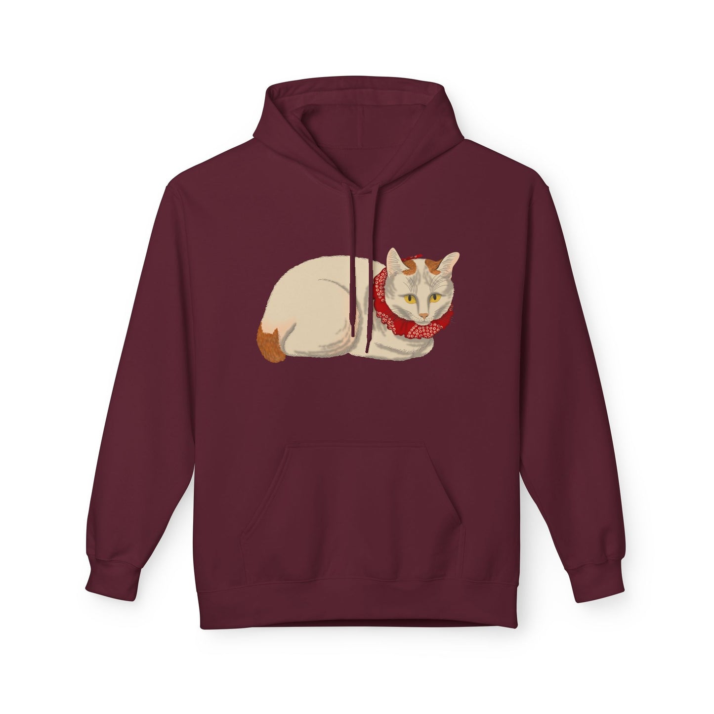 Cozy Red-Scarf Cat Hoodie — Cute Cream Cat Graphic Pullover