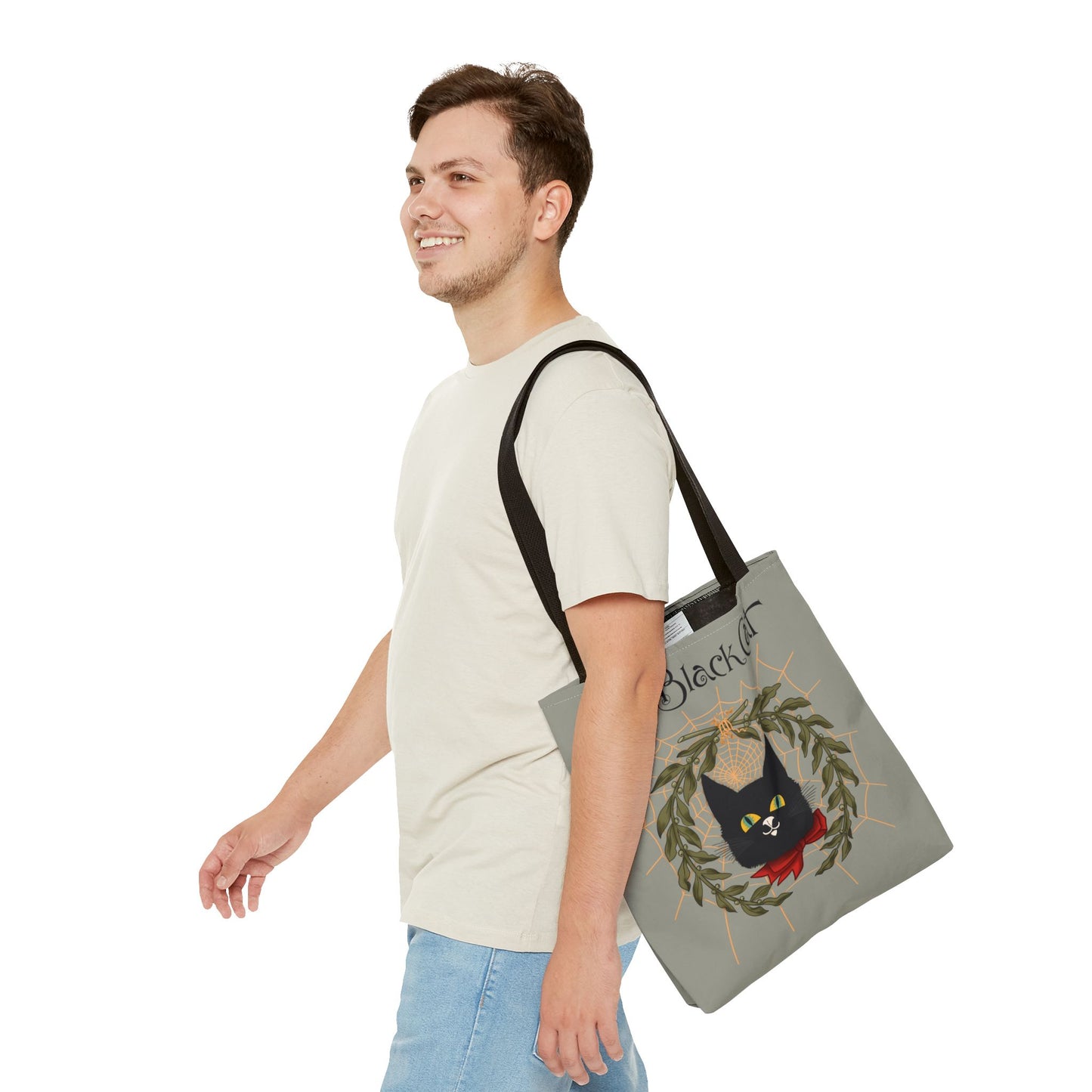 The Black Cat Web Tote Bag — Vintage Witchy Cat Holiday Grocery Tote