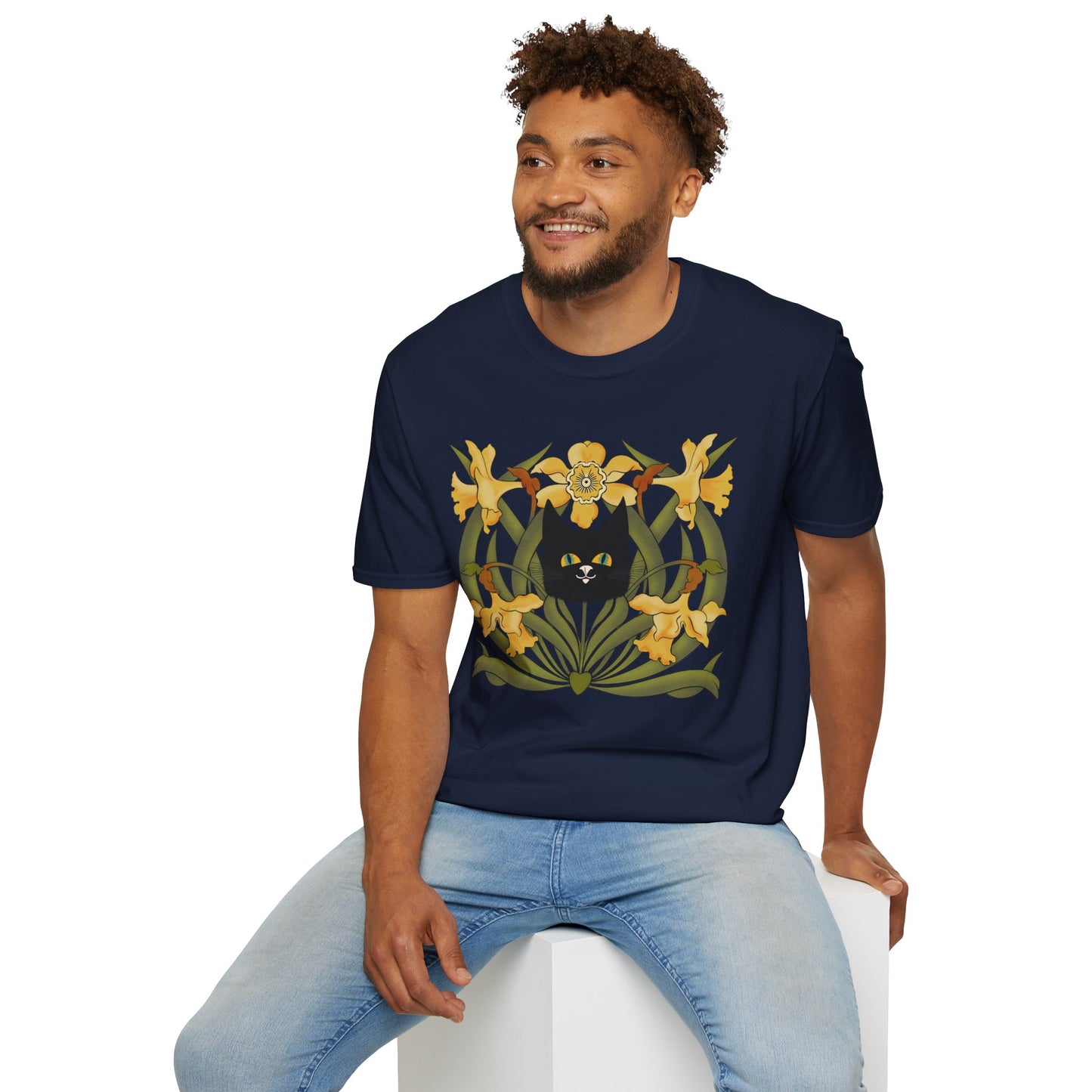 Daffodil Black Cat T‑Shirt — Retro Floral Cat Tee