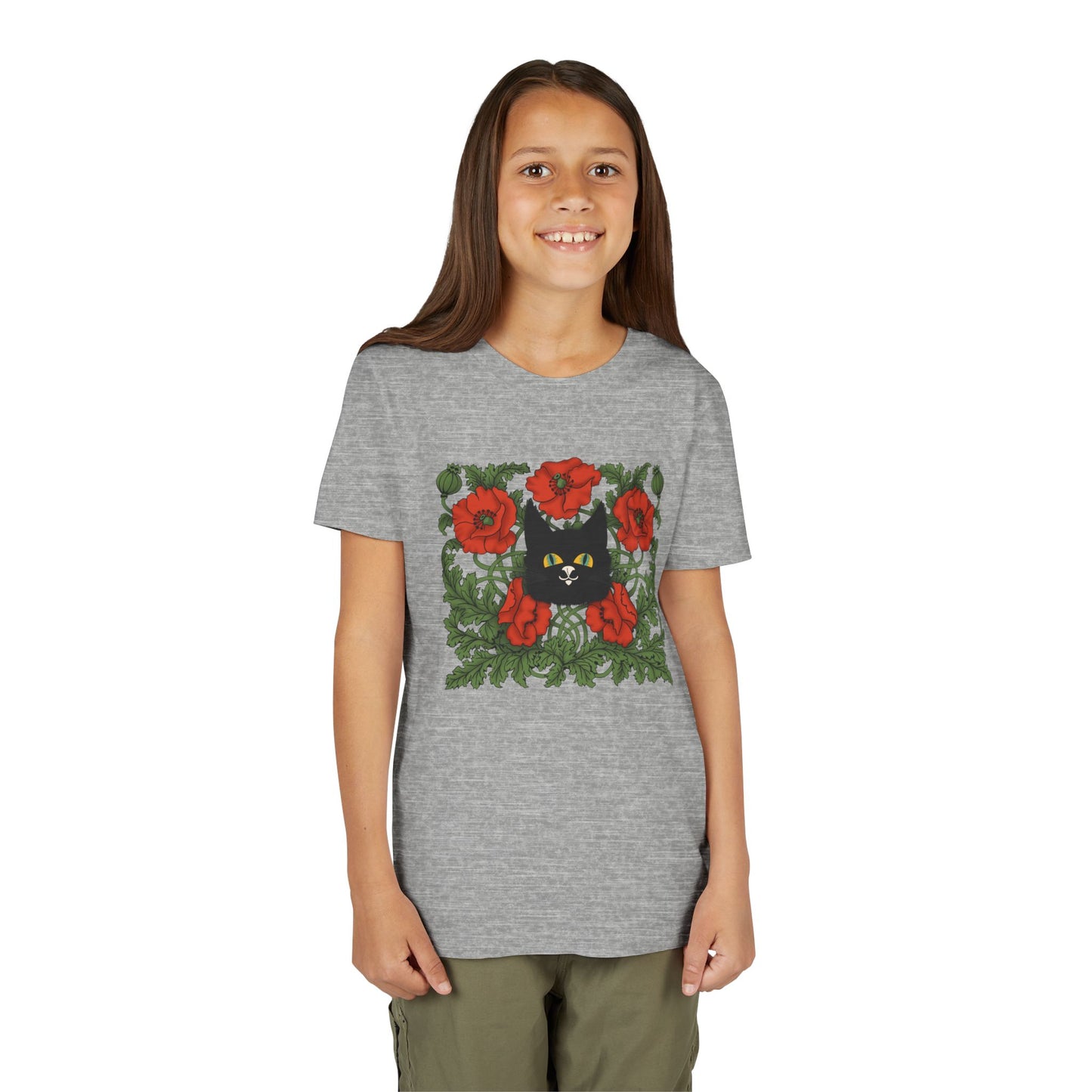Black Cat Poppies Floral Youth Tee — Black Cat with Red Poppies Kids Shirt