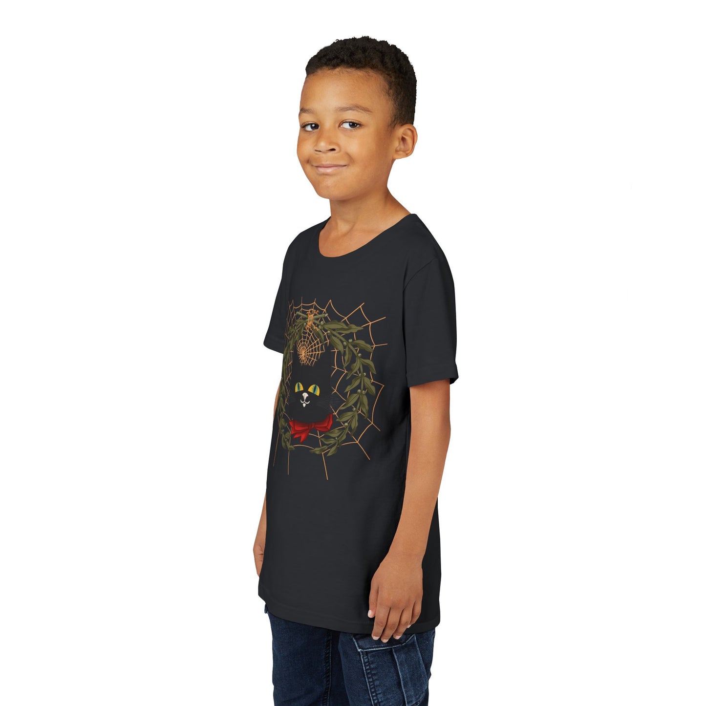 Youth Tee — Black Cat Wreath Holiday Shirt