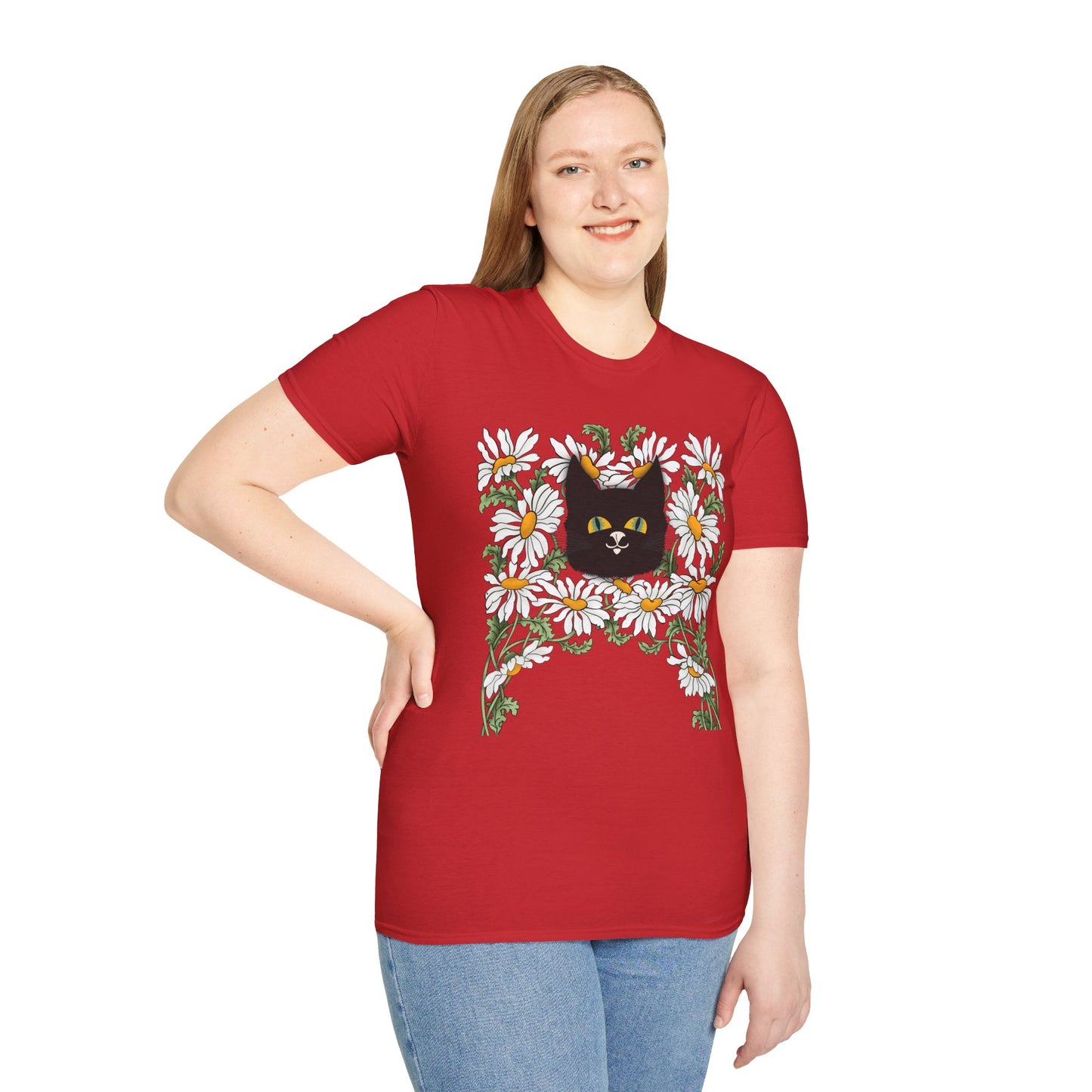 Black Cat & Daisies T‑Shirt — Cute Floral Cat Tee for Cat Lovers