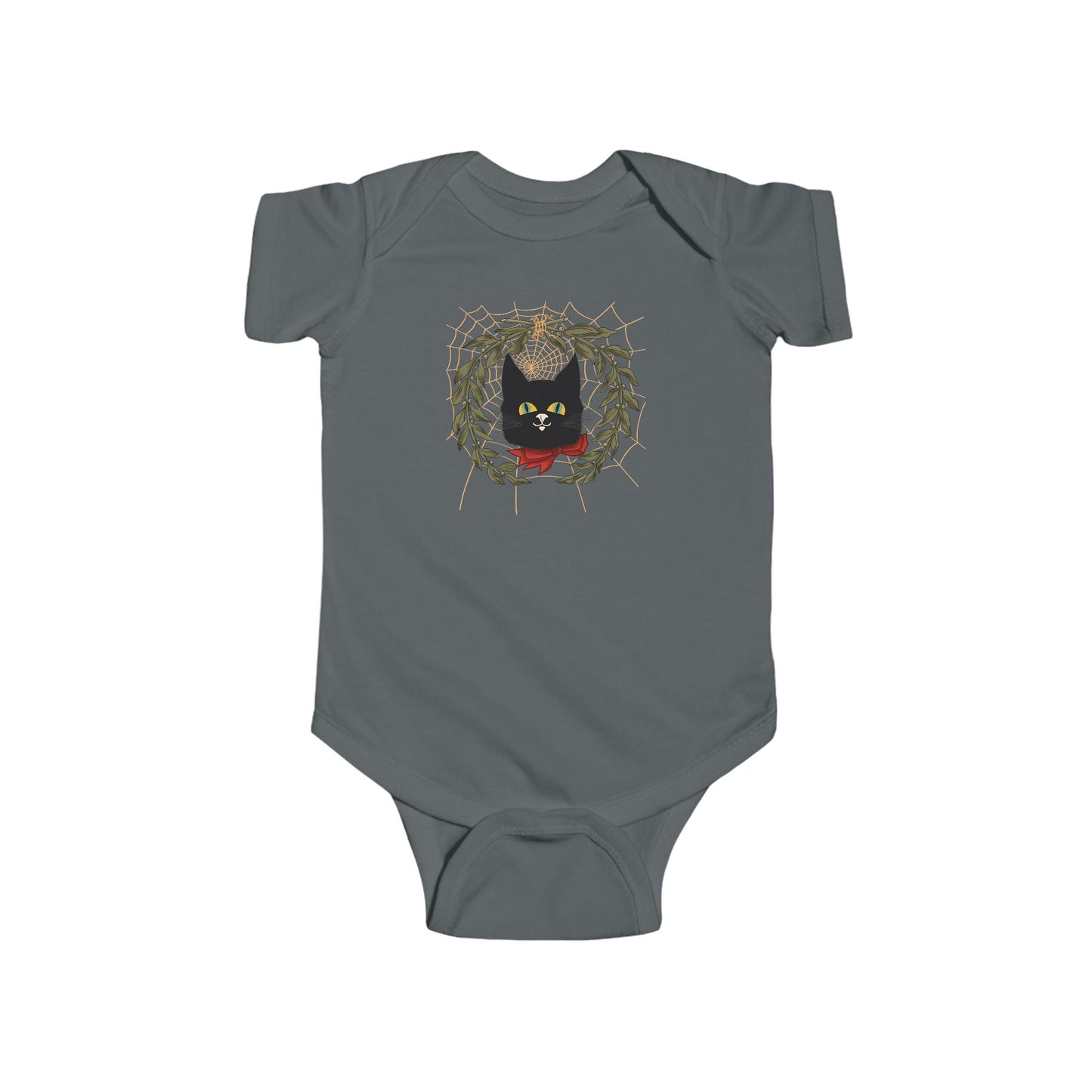 Black Cat Vintage Bodysuit — Black Cat Wreath with Web Baby Onesie