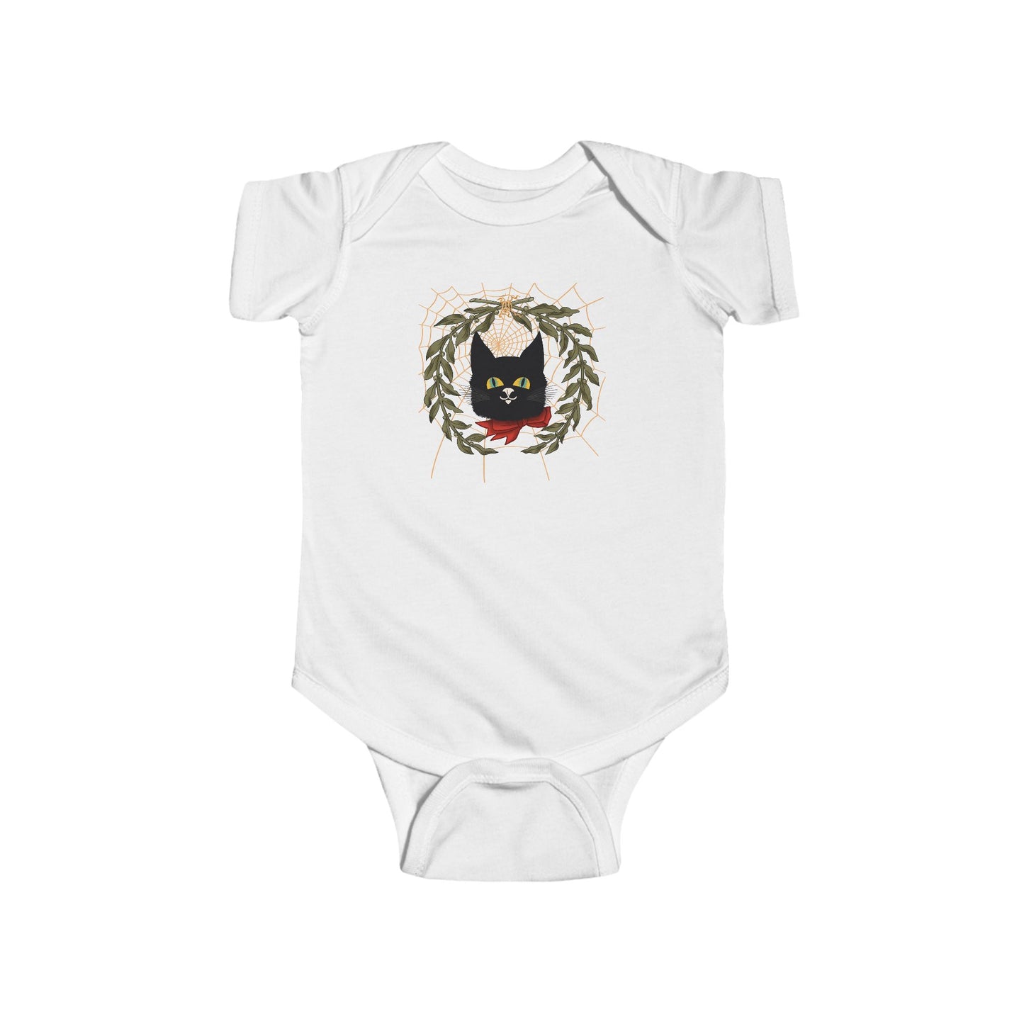 Black Cat Vintage Bodysuit — Black Cat Wreath with Web Baby Onesie