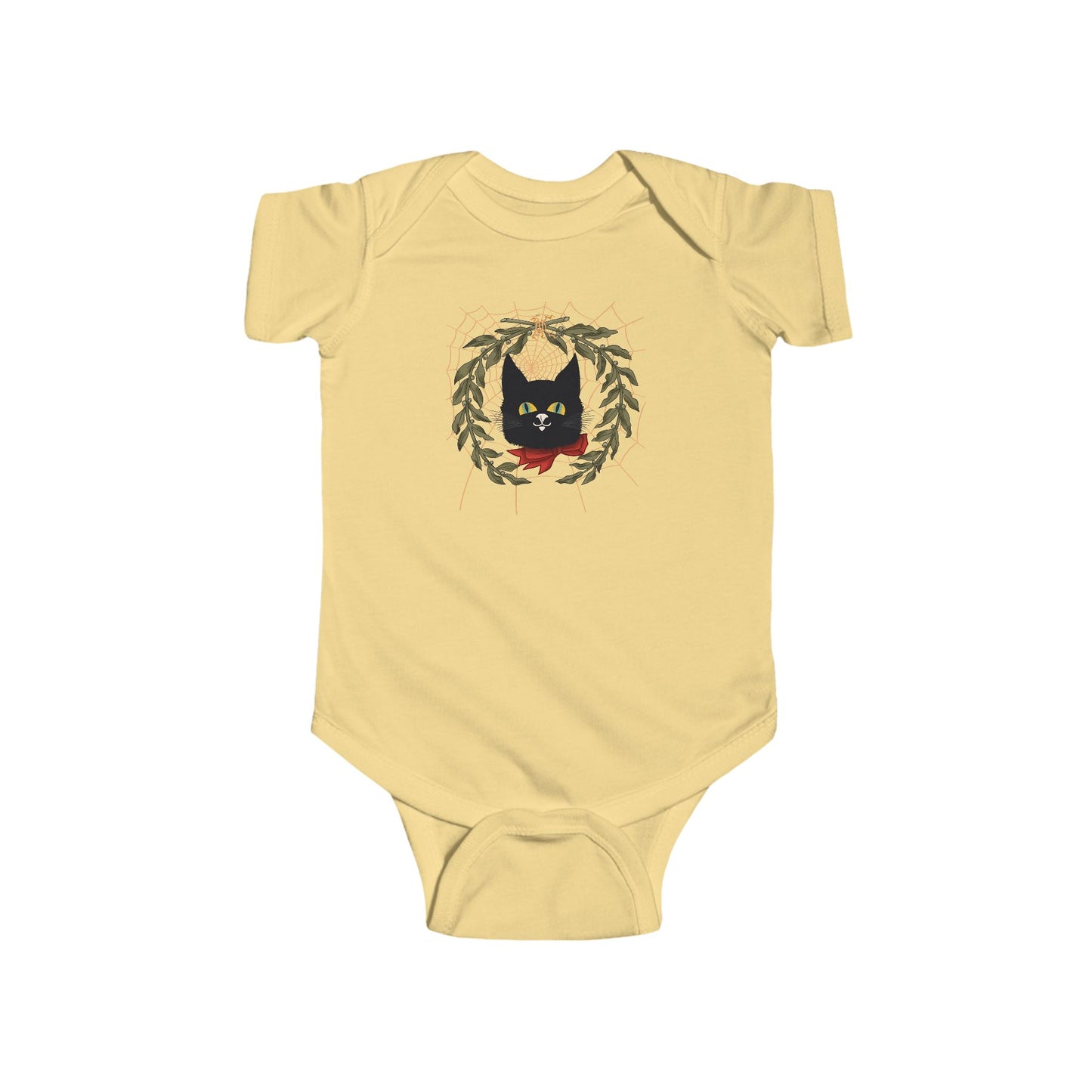 Black Cat Vintage Bodysuit — Black Cat Wreath with Web Baby Onesie