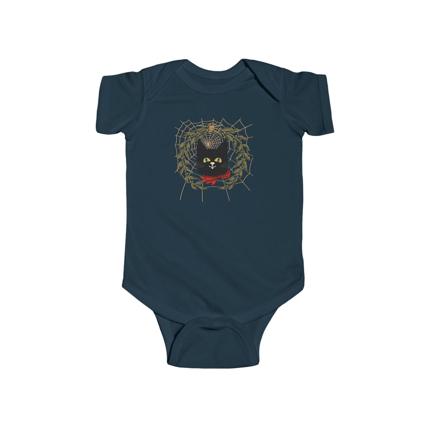 Black Cat Vintage Bodysuit — Black Cat Wreath with Web Baby Onesie