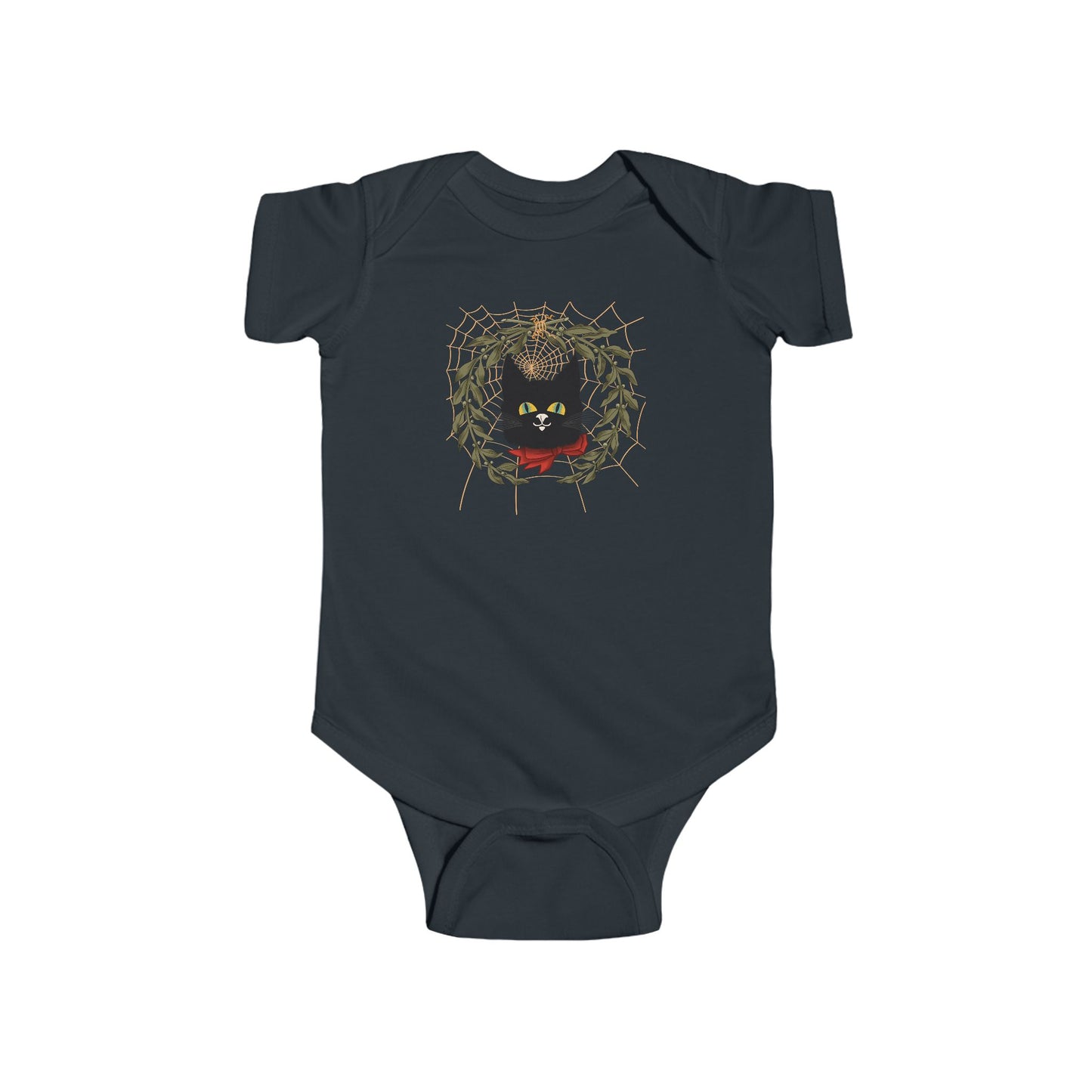 Black Cat Vintage Bodysuit — Black Cat Wreath with Web Baby Onesie