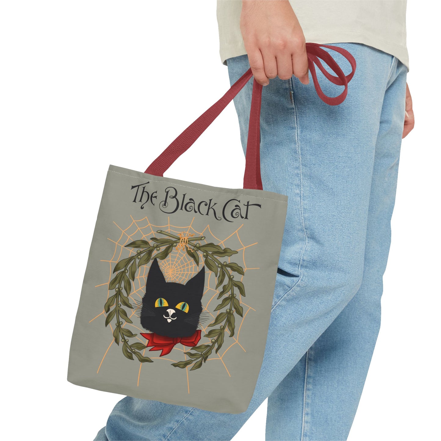 The Black Cat Web Tote Bag — Vintage Witchy Cat Holiday Grocery Tote