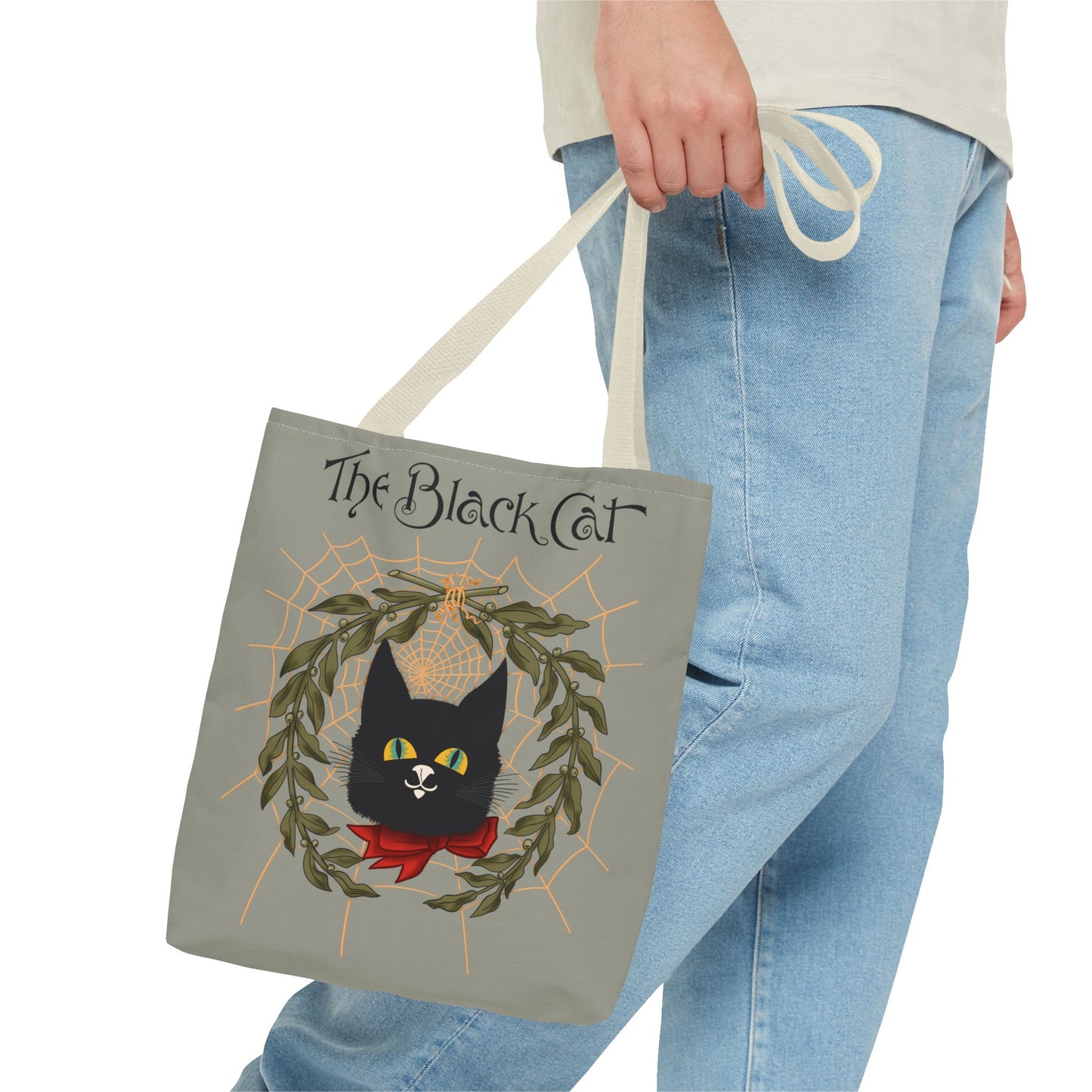 The Black Cat Web Tote Bag — Vintage Witchy Cat Holiday Grocery Tote