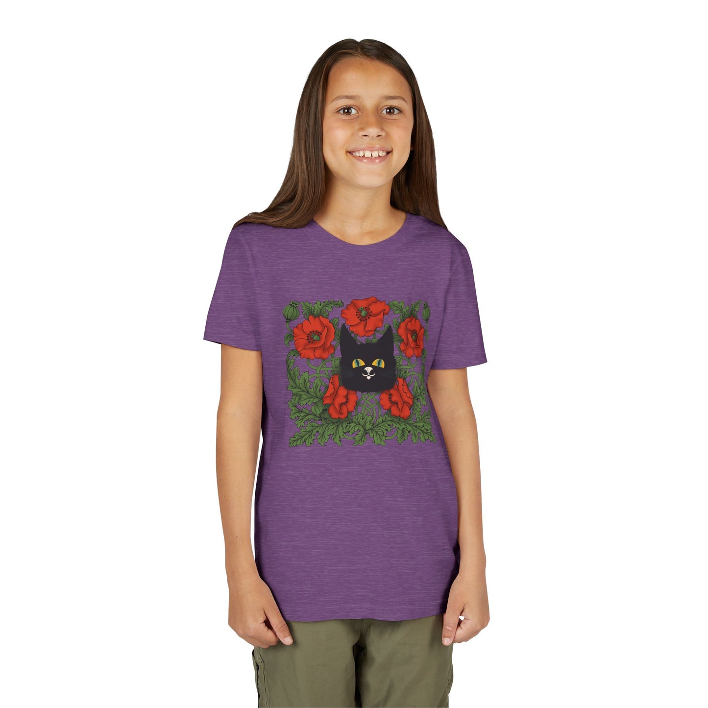 Black Cat Poppies Floral Youth Tee — Black Cat with Red Poppies Kids Shirt