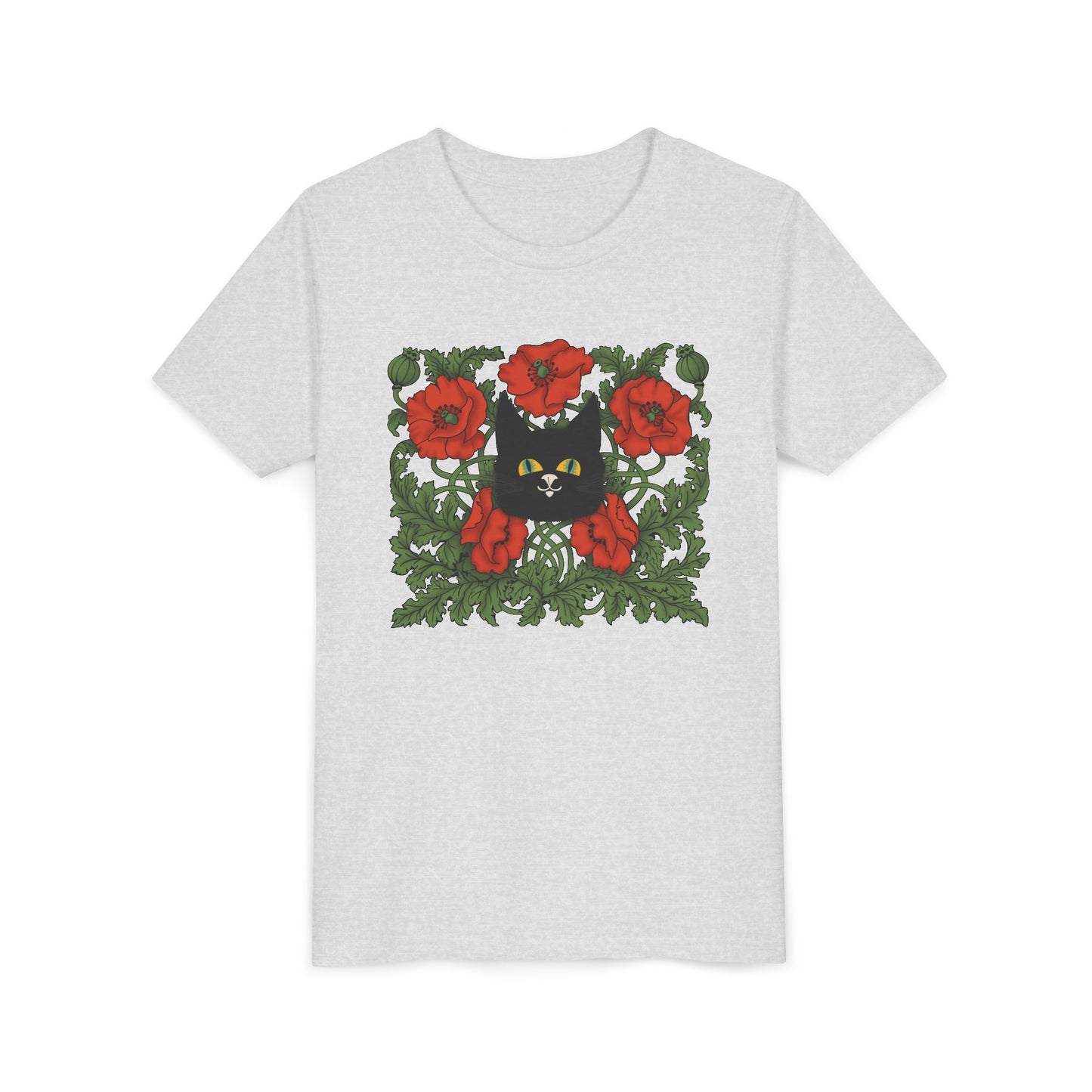 Black Cat Poppies Floral Youth Tee — Black Cat with Red Poppies Kids Shirt