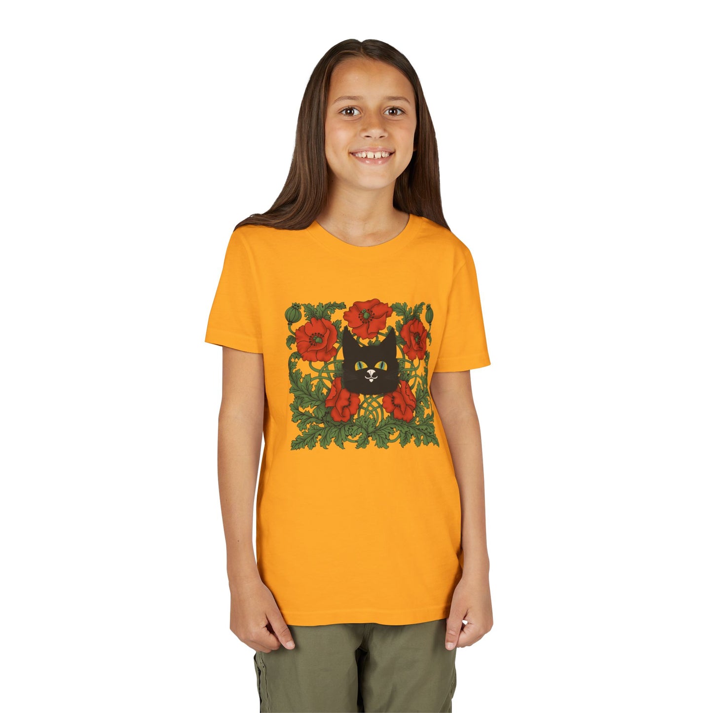 Black Cat Poppies Floral Youth Tee — Black Cat with Red Poppies Kids Shirt