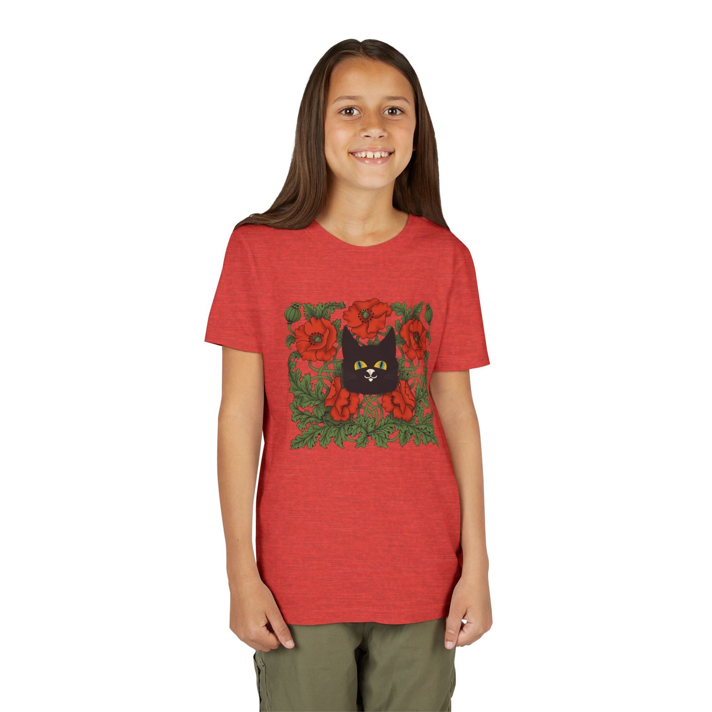 Black Cat Poppies Floral Youth Tee — Black Cat with Red Poppies Kids Shirt