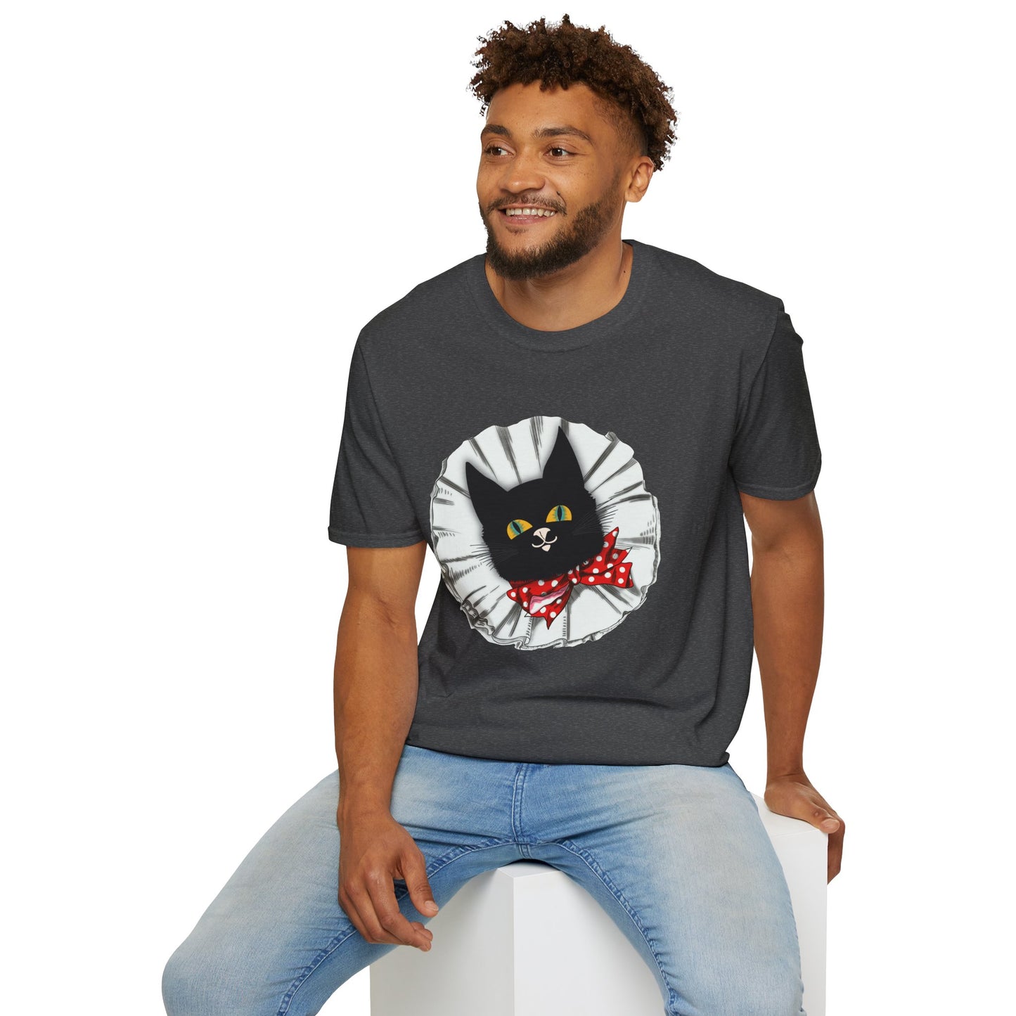 Black Cat Clown Portrait T‑Shirt — Cute Cat Face with Red Bow Graphic Tee