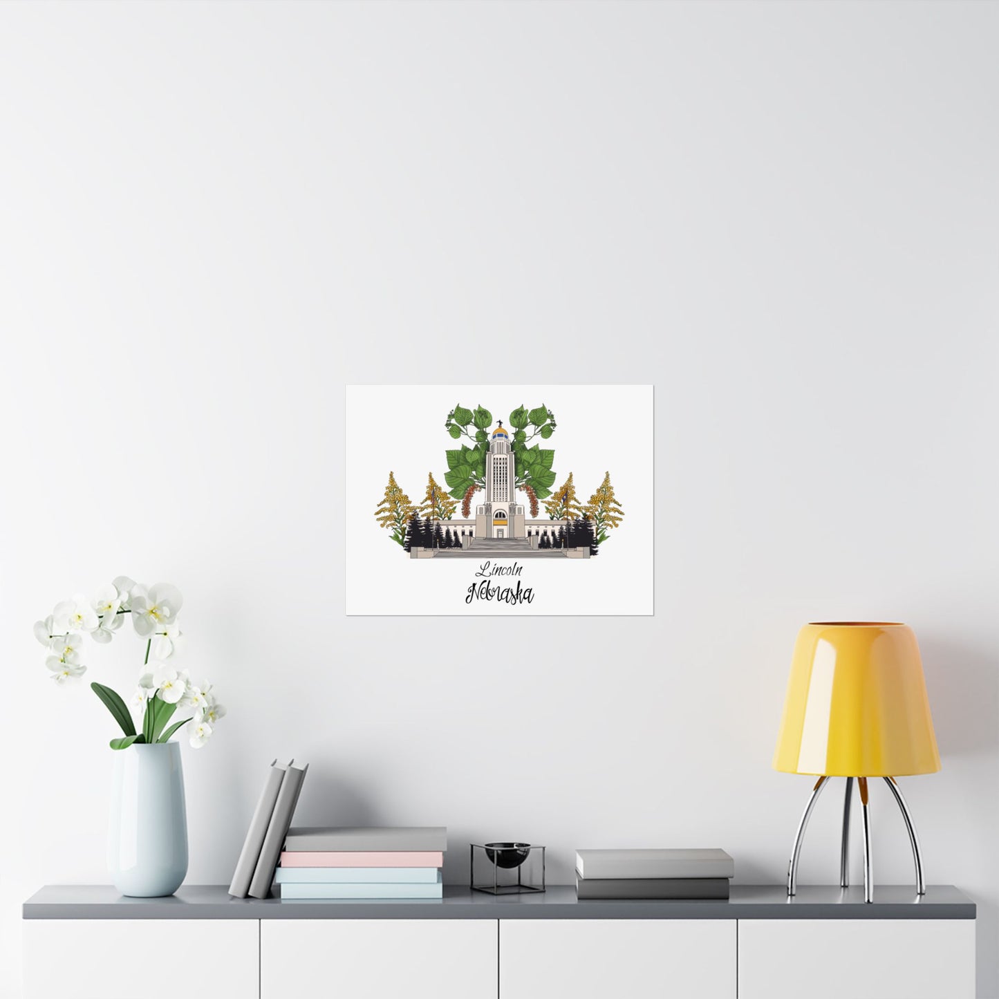 Lincoln Nebraska Satin Poster - 210gsm Art Print with Tower and Flora Design