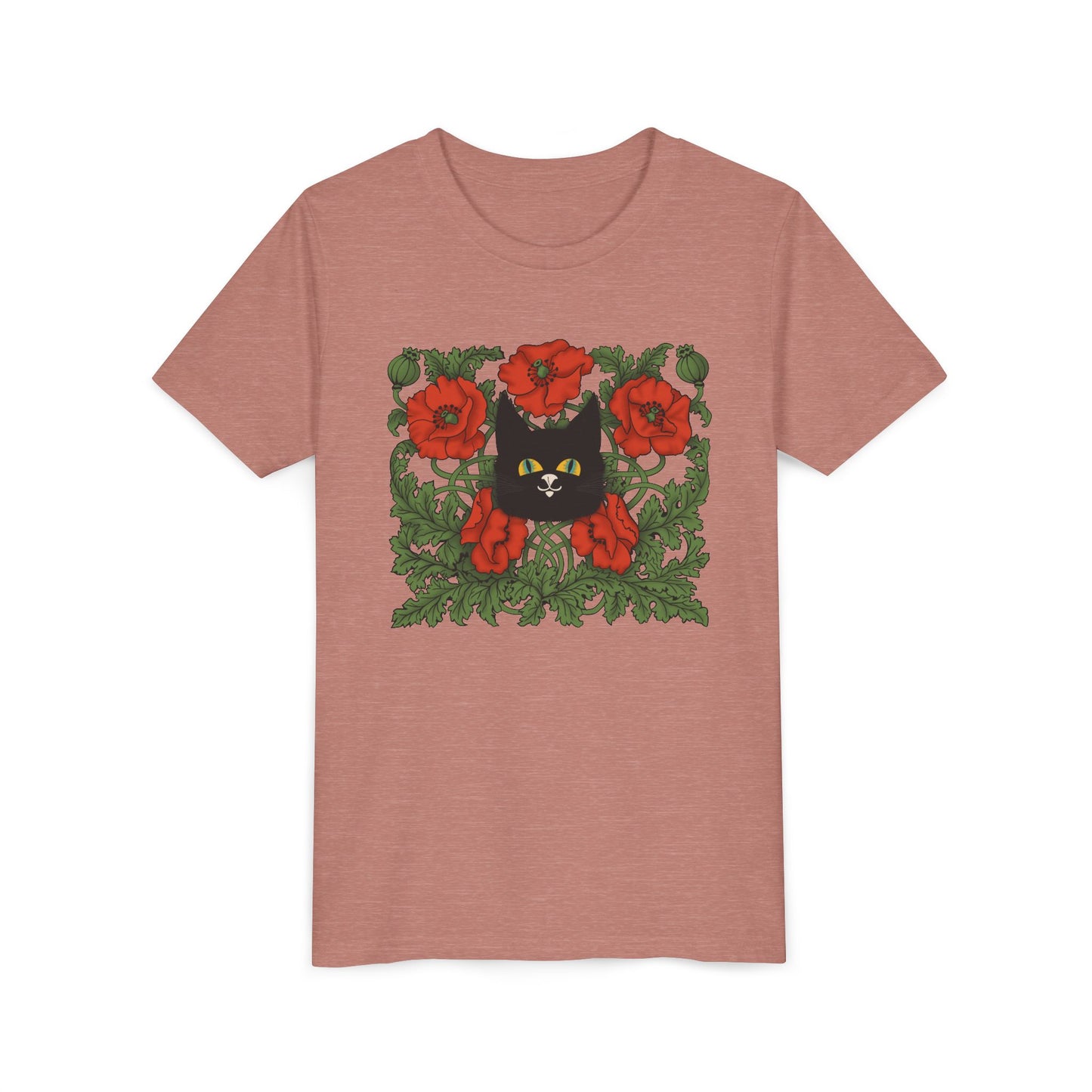 Black Cat Poppies Floral Youth Tee — Black Cat with Red Poppies Kids Shirt