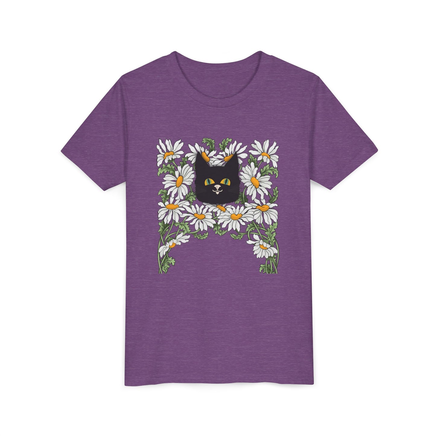 Daisies floral Youth Tee — Black Cat in Daisy Wreath Graphic