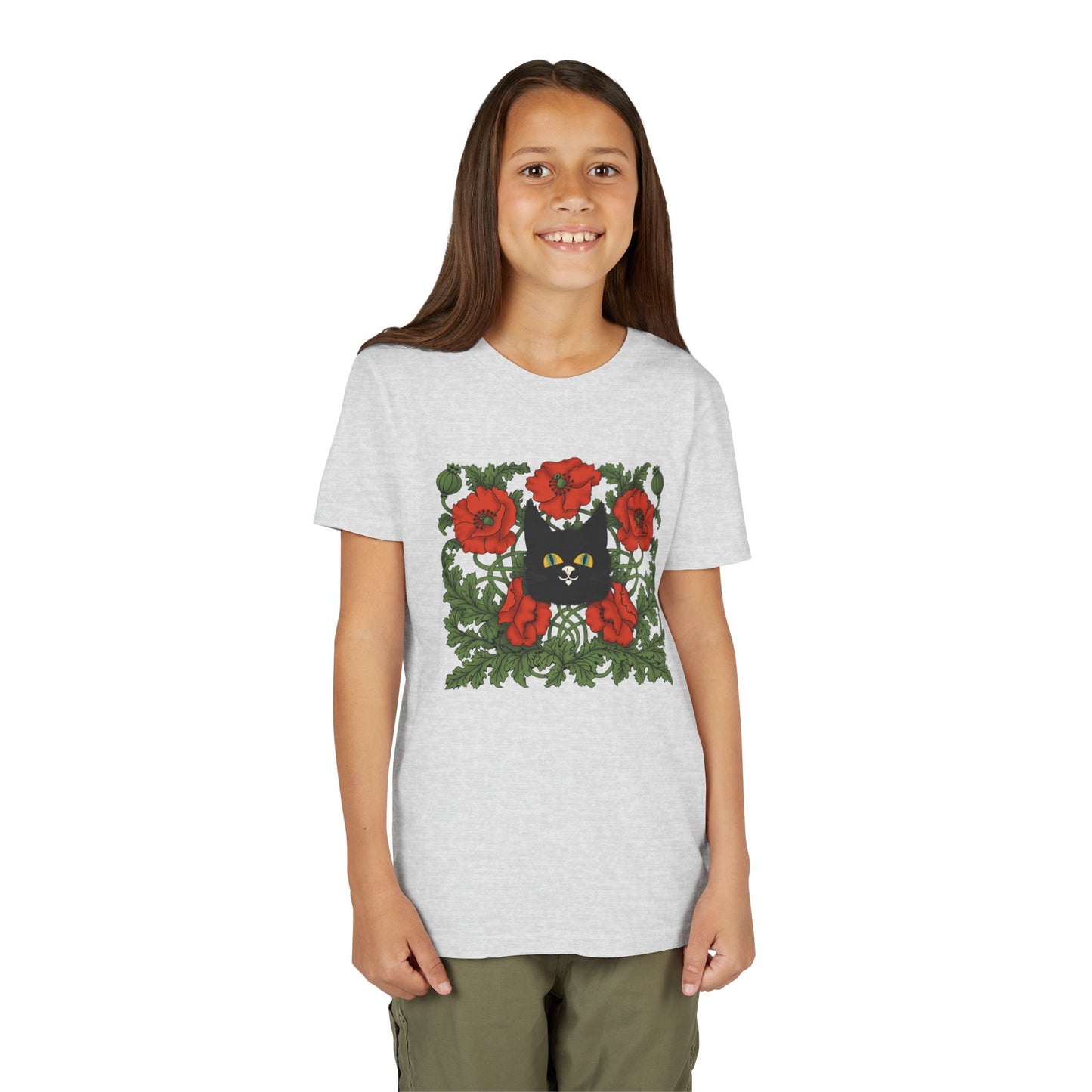 Black Cat Poppies Floral Youth Tee — Black Cat with Red Poppies Kids Shirt