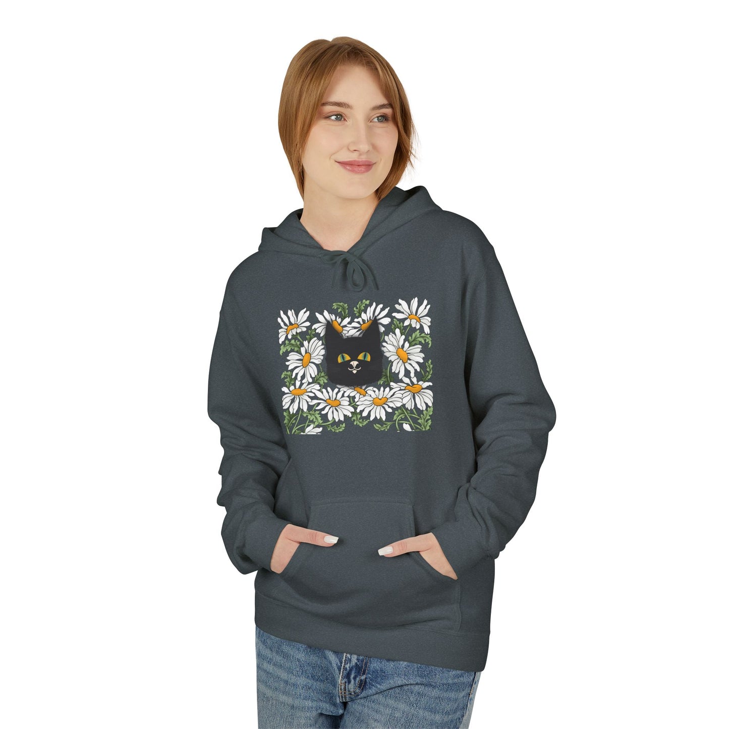 Black Cat in Daisies Hoodie – Floral Cat Graphic Pullover