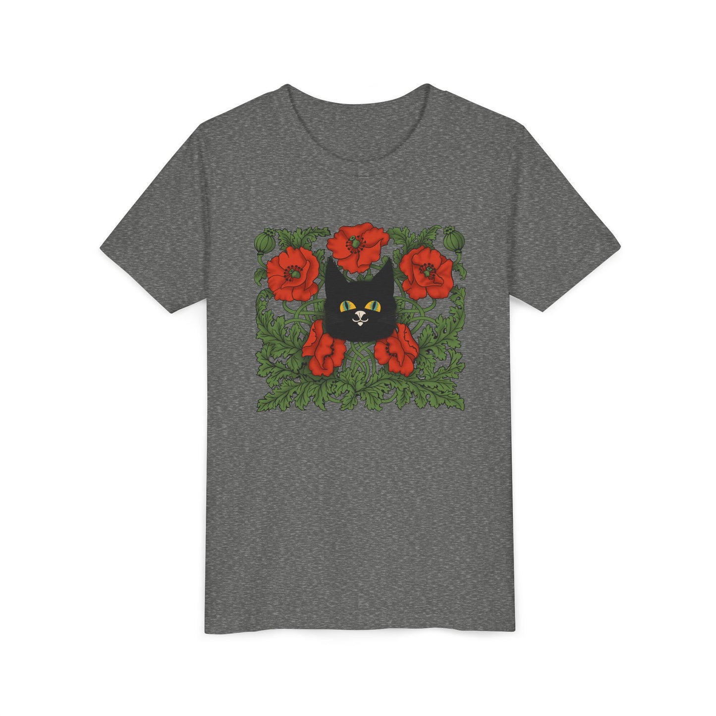 Black Cat Poppies Floral Youth Tee — Black Cat with Red Poppies Kids Shirt